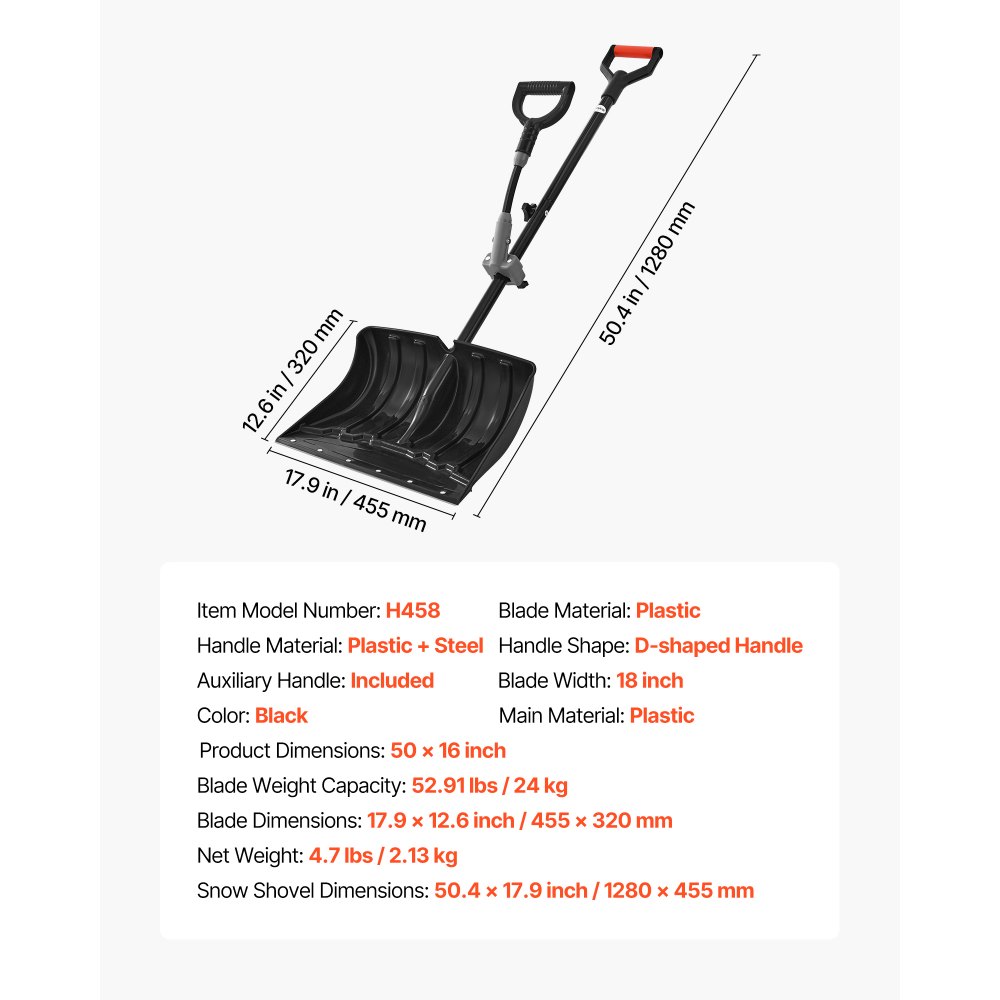 VEVOR Snow Shovel for Driveway, 45.5cm Wide Snow Shovel with Assist D-shaped Handles, Non Slip Grip, Large Capacity Snowplow Shovels, Lightweight Snows Removal Tool for Garden Car Camping Outdoors