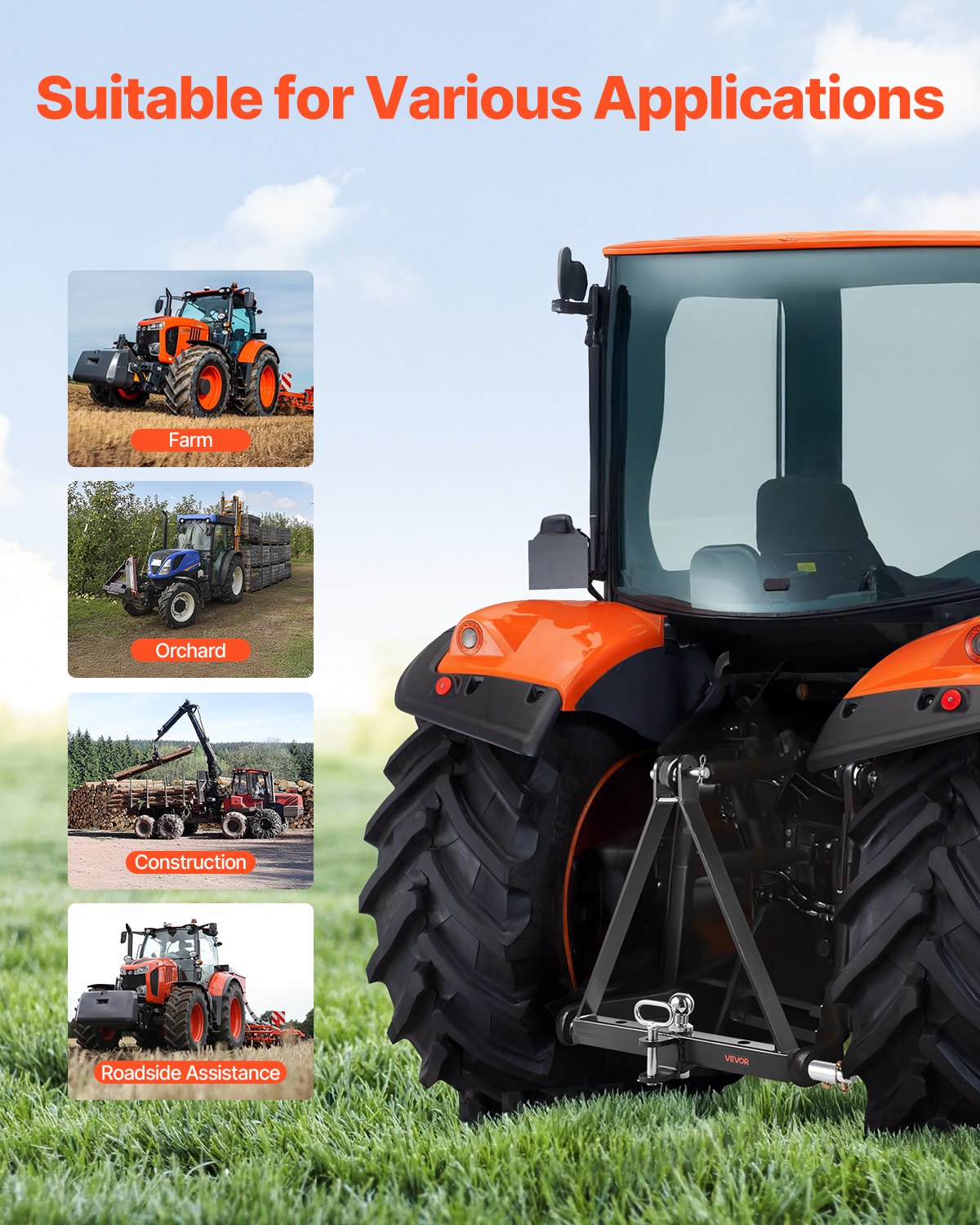 VEVOR 3-punktowy zaczep z 2-calowym odbiornikiem, 3-punktowy zaczep, adapter zaczepu ciągnika o udźwigu 6000 funtów, kompatybilny z Kubota, Mahindra, John Deere, Massey Ferguson, 20" x 22" x 5,1