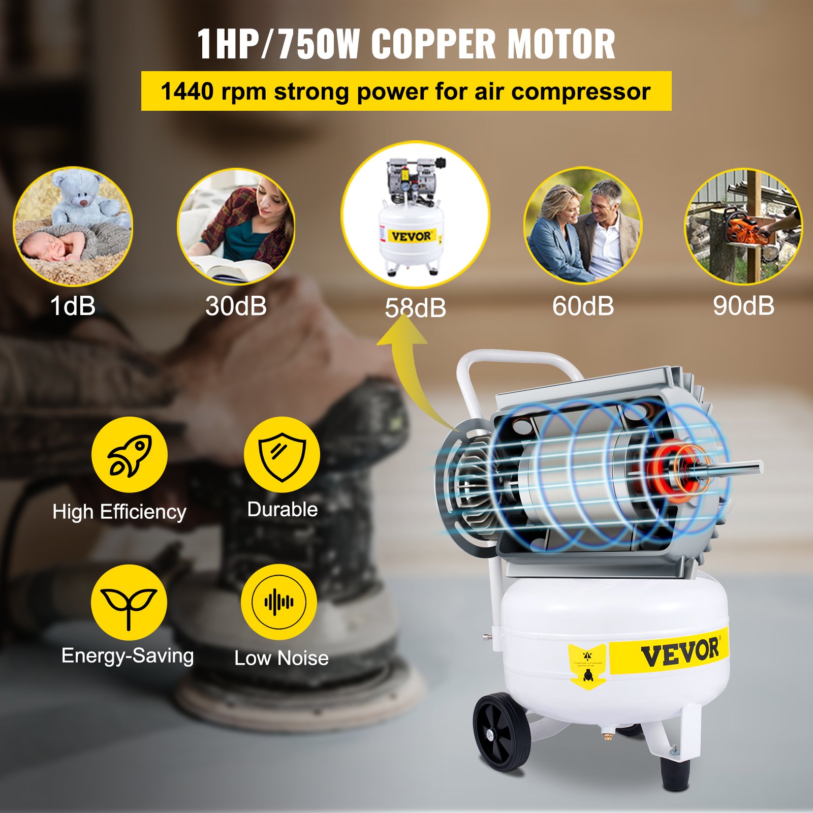 VEVOR Whisper Compressor Cicha sprężarka 1PS/750W Silnik CFM 5.9 58dB 25L Kocioł