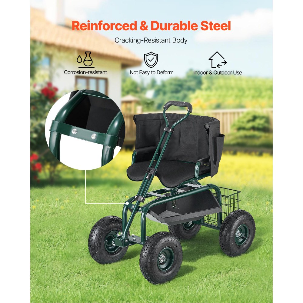 Mobilne siedzisko ogrodowe VEVOR 810x480x690/770 mm, siedzisko ogrodowe na kółkach z regulacją wysokości i obrotem o 360°, nośność 180 kg, oparcie i schowek na narzędzia, do ogrodu, na podwórko, patio