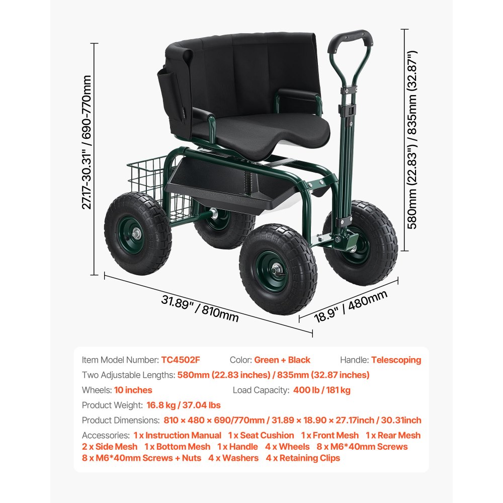 Mobilne siedzisko ogrodowe VEVOR 810x480x690/770 mm, siedzisko ogrodowe na kółkach z regulacją wysokości i obrotem o 360°, nośność 180 kg, oparcie i schowek na narzędzia, do ogrodu, na podwórko, patio
