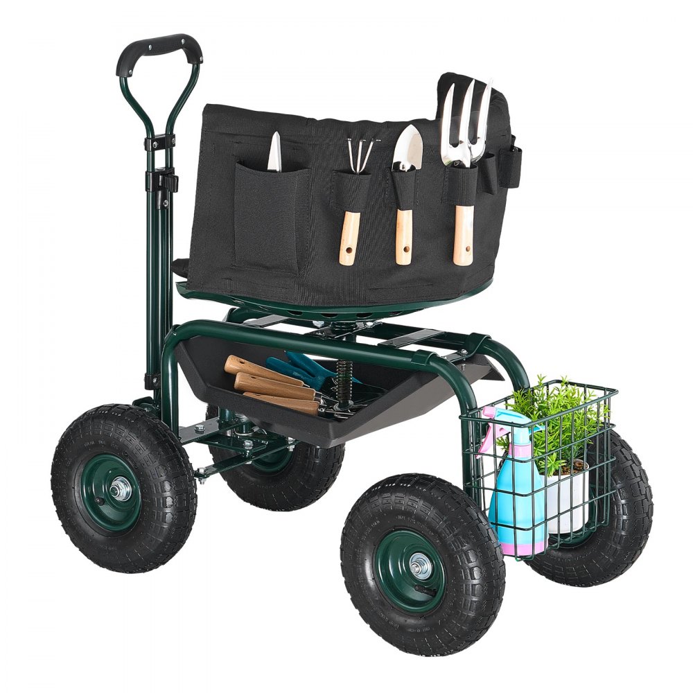 Mobilne siedzisko ogrodowe VEVOR 810x480x690/770 mm, siedzisko ogrodowe na kółkach z regulacją wysokości i obrotem o 360°, nośność 180 kg, oparcie i schowek na narzędzia, do ogrodu, na podwórko, patio