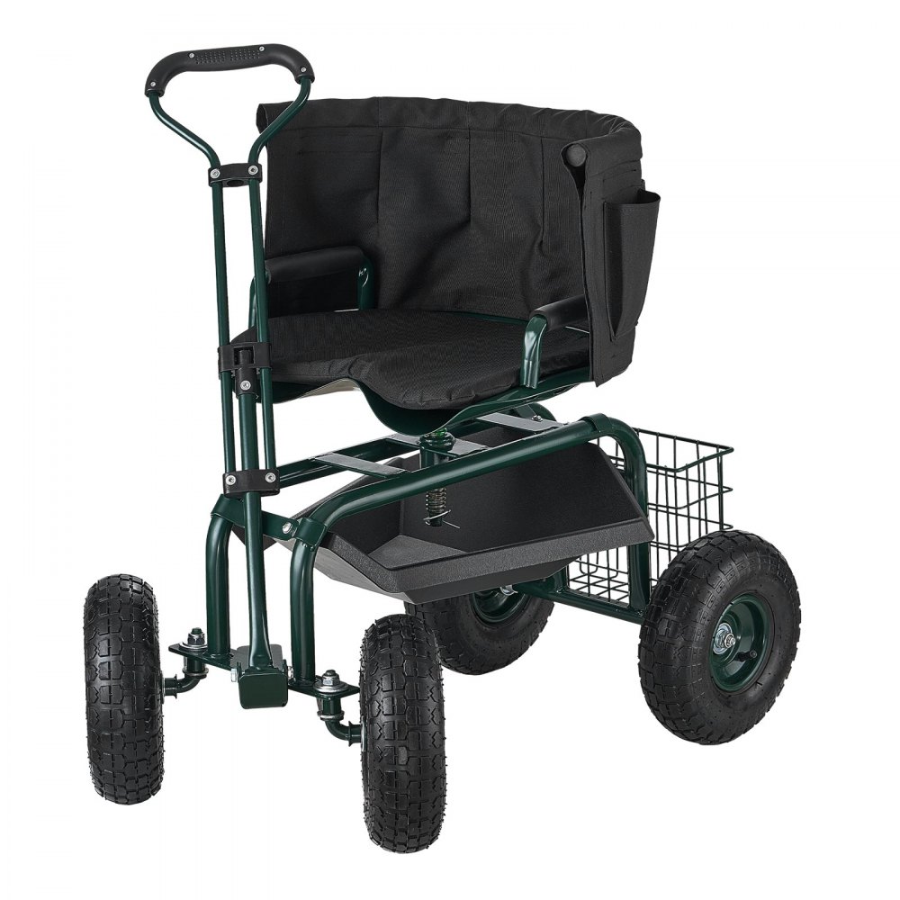 Mobilne siedzisko ogrodowe VEVOR 810x480x690/770 mm, siedzisko ogrodowe na kółkach z regulacją wysokości i obrotem o 360°, nośność 180 kg, oparcie i schowek na narzędzia, do ogrodu, na podwórko, patio