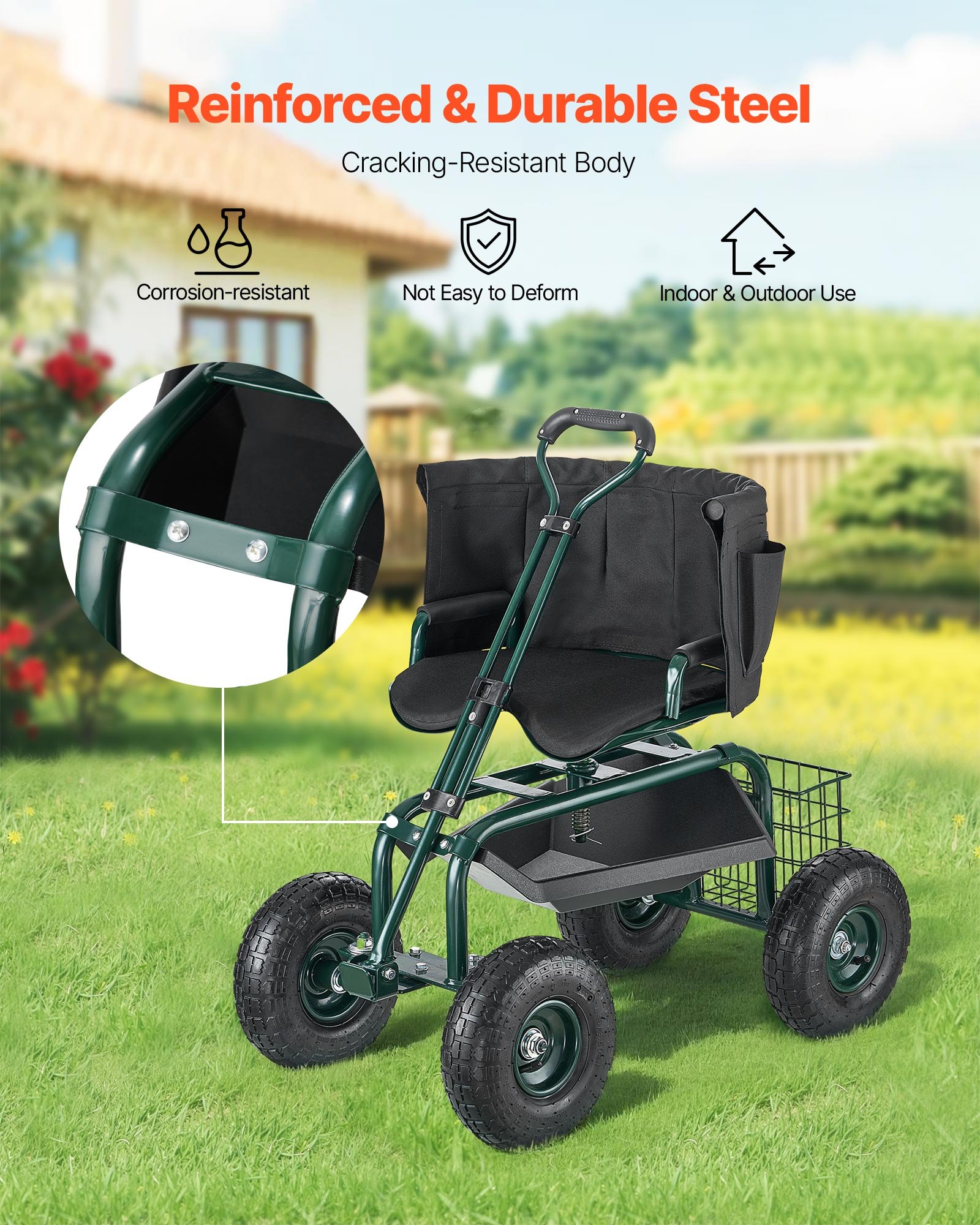 Mobilne siedzisko ogrodowe VEVOR 810x480x690/770 mm, siedzisko ogrodowe na kółkach z regulacją wysokości i obrotem o 360°, nośność 180 kg, oparcie i schowek na narzędzia, do ogrodu, na podwórko, patio
