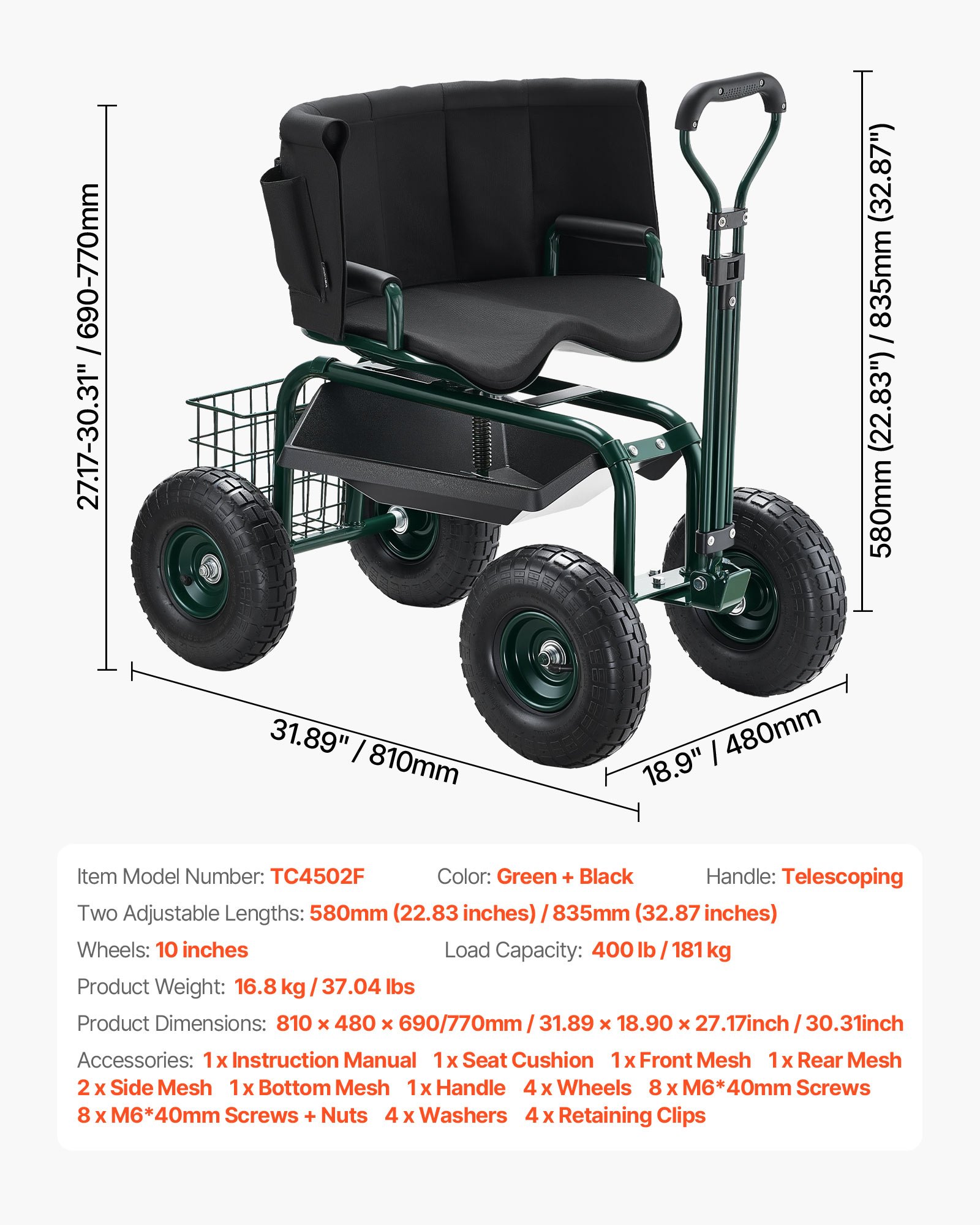 Mobilne siedzisko ogrodowe VEVOR 810x480x690/770 mm, siedzisko ogrodowe na kółkach z regulacją wysokości i obrotem o 360°, nośność 180 kg, oparcie i schowek na narzędzia, do ogrodu, na podwórko, patio