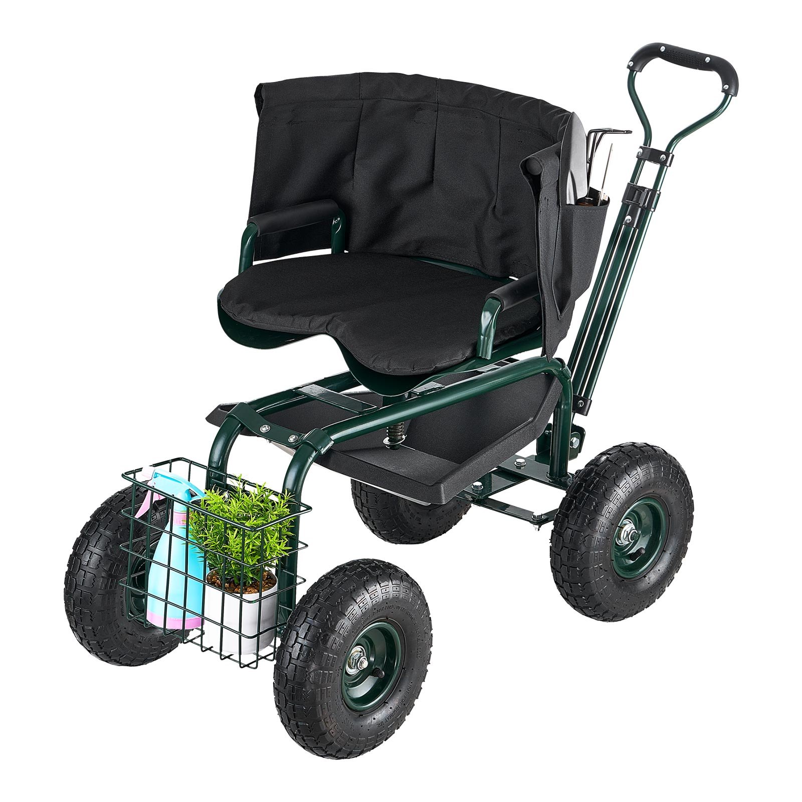 Mobilne siedzisko ogrodowe VEVOR 810x480x690/770 mm, siedzisko ogrodowe na kółkach z regulacją wysokości i obrotem o 360°, nośność 180 kg, oparcie i schowek na narzędzia, do ogrodu, na podwórko, patio