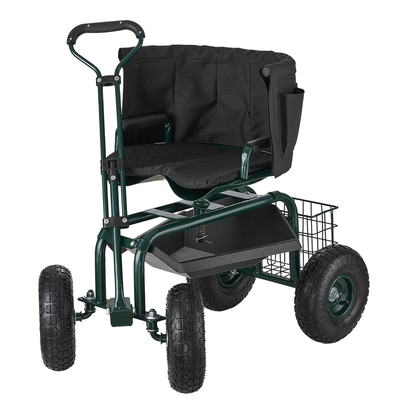 Mobilne siedzisko ogrodowe VEVOR 810x480x690/770 mm, siedzisko ogrodowe na kółkach z regulacją wysokości i obrotem o 360°, nośność 180 kg, oparcie i schowek na narzędzia, do ogrodu, na podwórko, patio