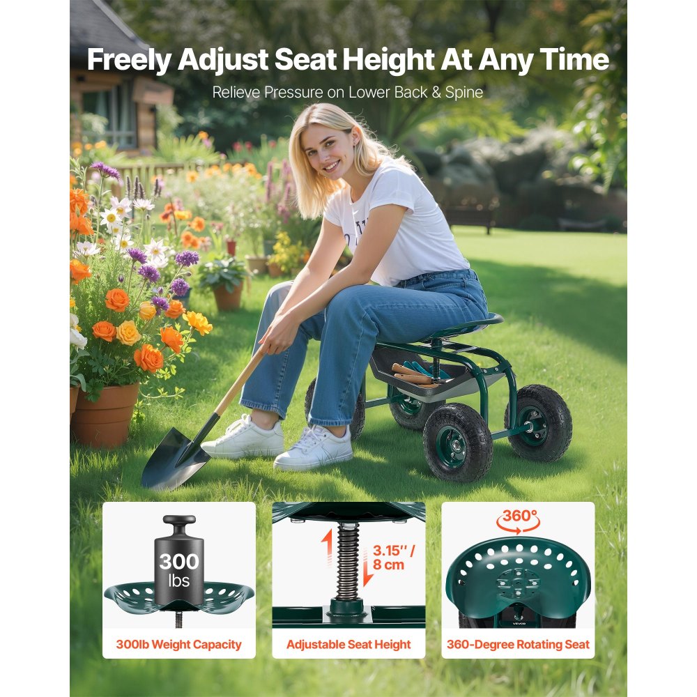 VEVOR  Rolling Garden Cart with Swivel Seat, Heavy Duty Garden Seat with Storage Basket & Tool Tray, 300 lbs Weight Capacity, Outdoor Utility Gardening Stool Scooter for Lawn Yard Planting Weeding