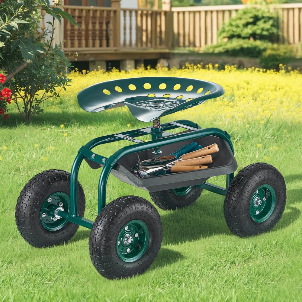 VEVOR  Rolling Garden Cart with Swivel Seat, Heavy Duty Garden Seat with Storage Basket & Tool Tray, 300 lbs Weight Capacity, Outdoor Utility Gardening Stool Scooter for Lawn Yard Planting Weeding