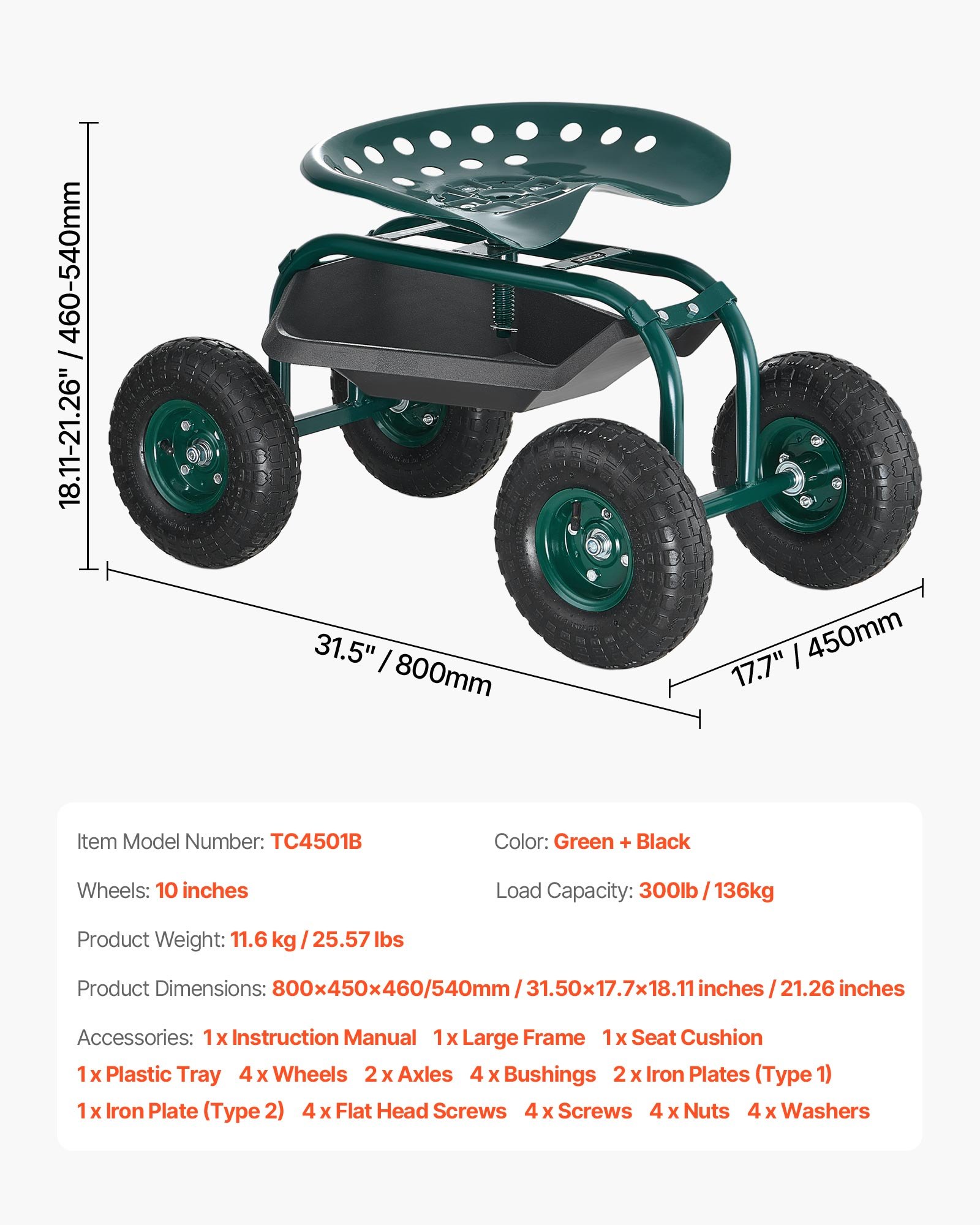 VEVOR Krzesło ogrodowe na kółkach 800x487x460/540 mm, mobilne krzesło ogrodowe z tacką na narzędzia, udźwig 136 kg, stołek ogrodowy do użytku na zewnątrz, wałek do sadzenia i pielenia trawników