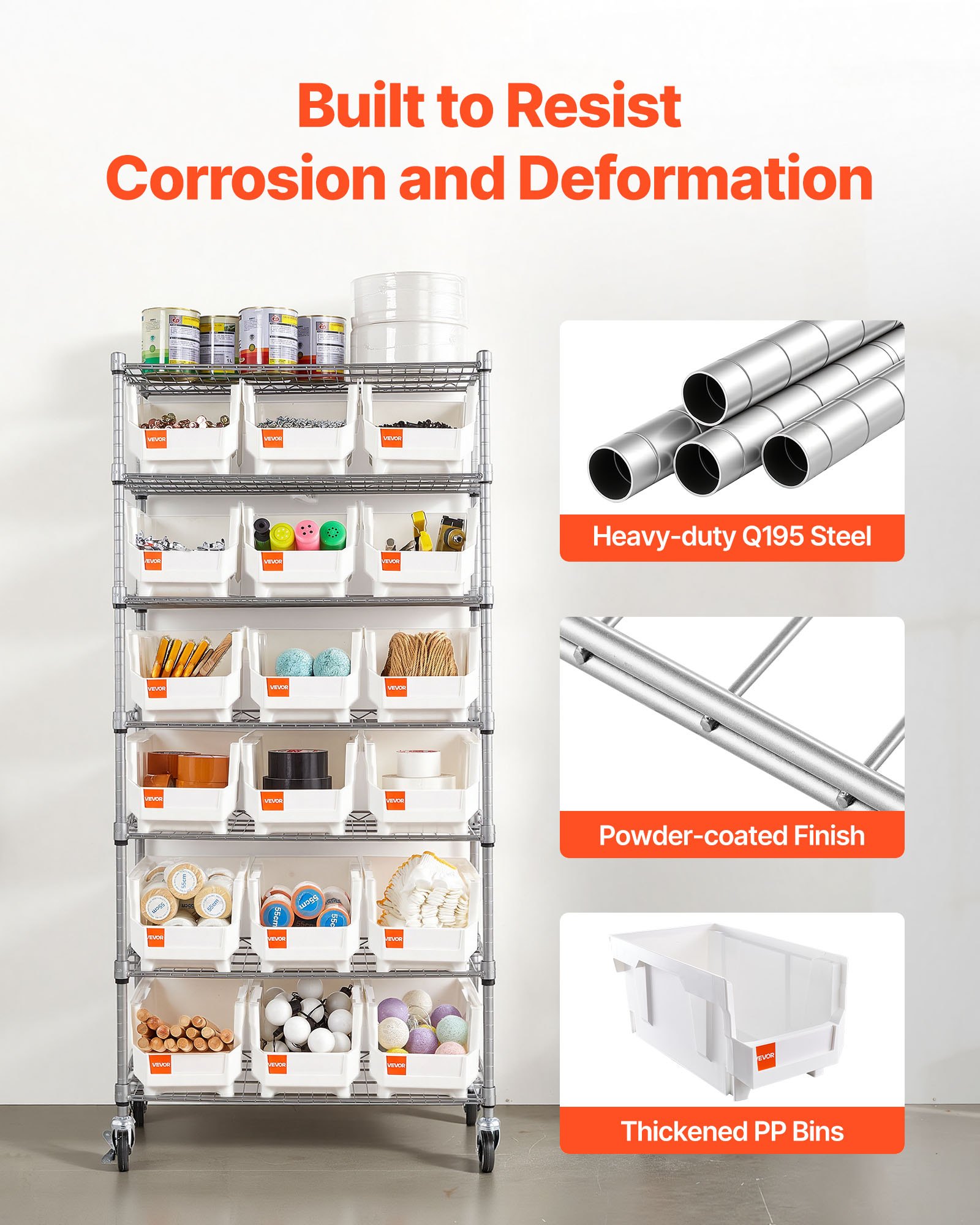 VEVOR wolnostojący regał, regał magazynowy z 7 poziomami i 18 pojemnikami do układania w stosy, regał na książki, półka kuchenna z kółkami, przechowywanie narzędzi do garażu, magazynu, biura, restauracji, klasy, kuchni, 690x355x1490 mm