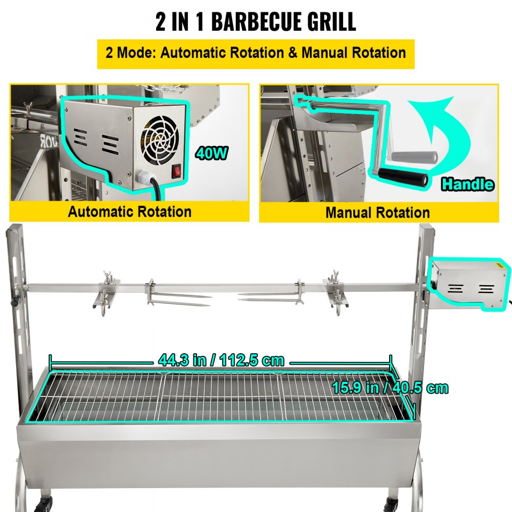 VEVOR grill jagnięcy prosiaczek grill grill wózek stal nierdzewna 40W 60kg pluć pieczony grill