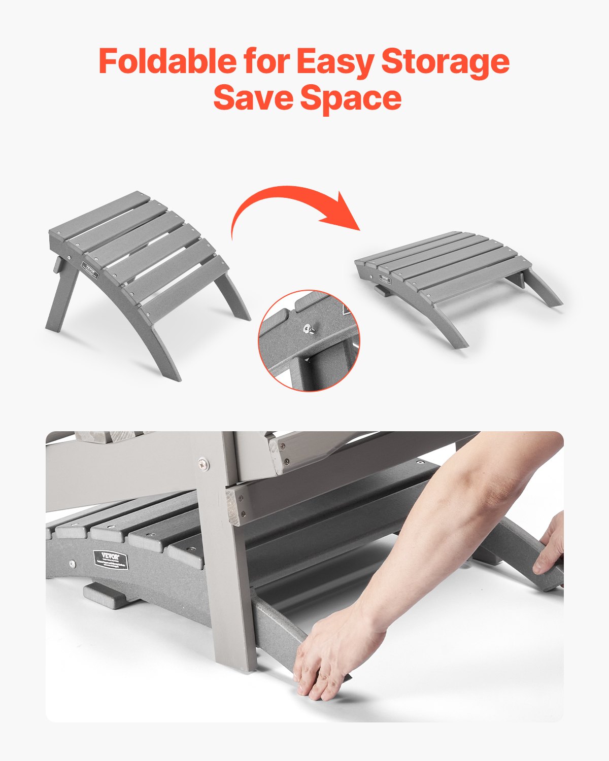 Podnóżek do krzesła Adirondack VEVOR, 547 x 480 x 377 mm, składany puf Adirondack wykonany z tworzywa HDPE, krzesło ogrodowe, szeroko stosowane na zewnątrz, na werandzie, przy basenie, na trawniku, w ogrodzie, w kolorze szarym