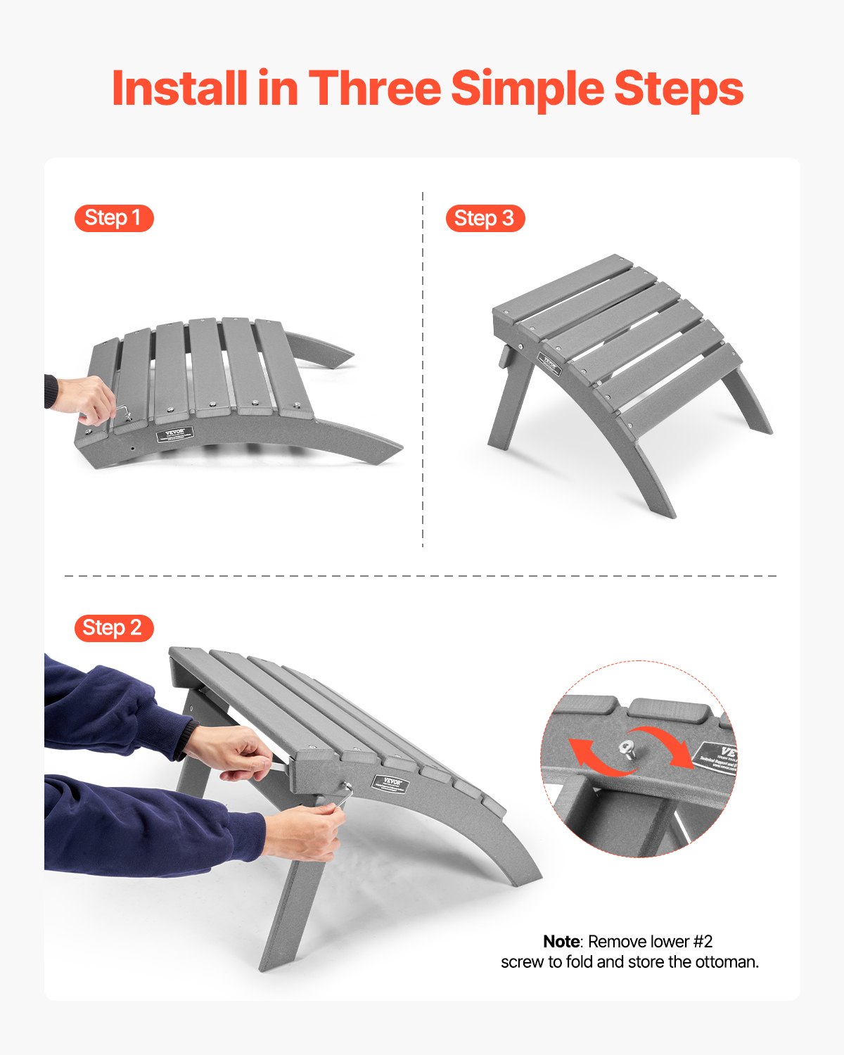 Podnóżek do krzesła Adirondack VEVOR, 547 x 480 x 377 mm, składany puf Adirondack wykonany z tworzywa HDPE, krzesło ogrodowe, szeroko stosowane na zewnątrz, na werandzie, przy basenie, na trawniku, w ogrodzie, w kolorze szarym