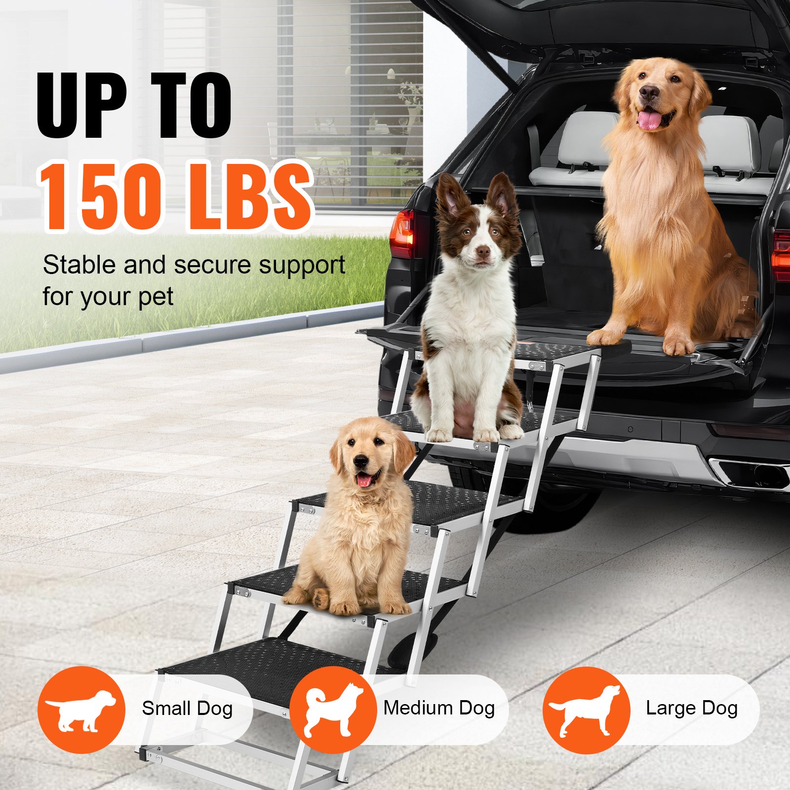 VEVOR Dog Car Ramp, Wide 5-Step Dog Car Ramp, Foldable Dog Car Ramp with Non-Slip Surface, Portable Lightweight Aluminum Pet Stairs for Cars, SUVs and Trucks, Supports up to 68 kg