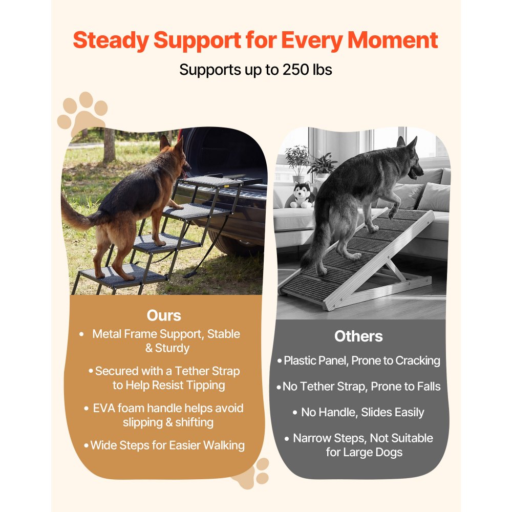 VEVOR Składana rampa dla psa z 4 stopniami do samochodu, bardzo szeroka rampa dla dużych psów z powierzchnią antypoślizgową, przenośna pomoc w wejściu do samochodów, SUV-ów, ciężarówek, łóżek piętrowych, sof, ładowność do 113 kg