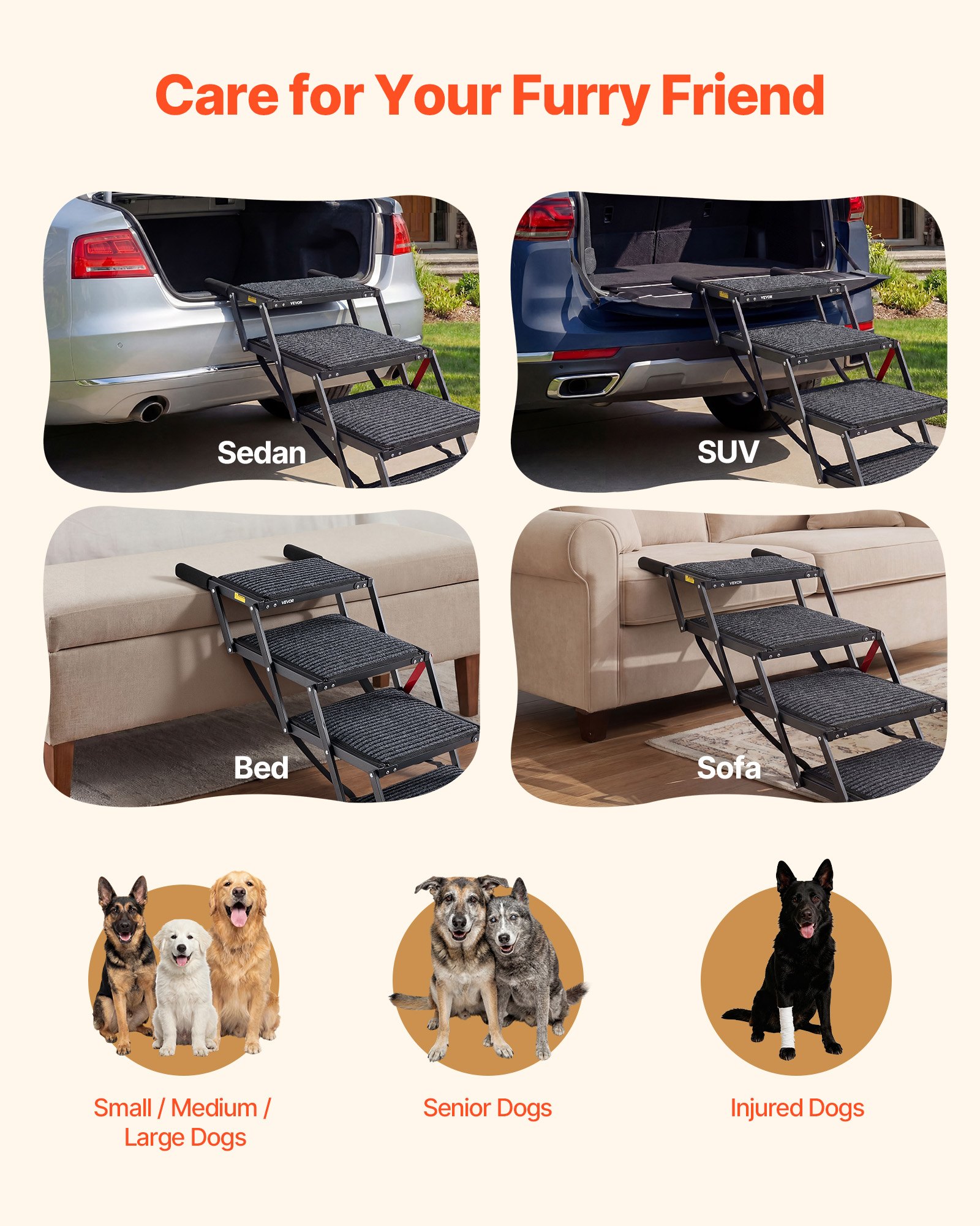 VEVOR Dog Stairs for Car, 4 Steps Extra Wide Foldable Dog Ramp for Large Dogs with Non-Slip Rug Surface, Portable Lightweight Pet Ladder for Car, SUV, Truck, High Beds, Sofas, Support up to 91 kg