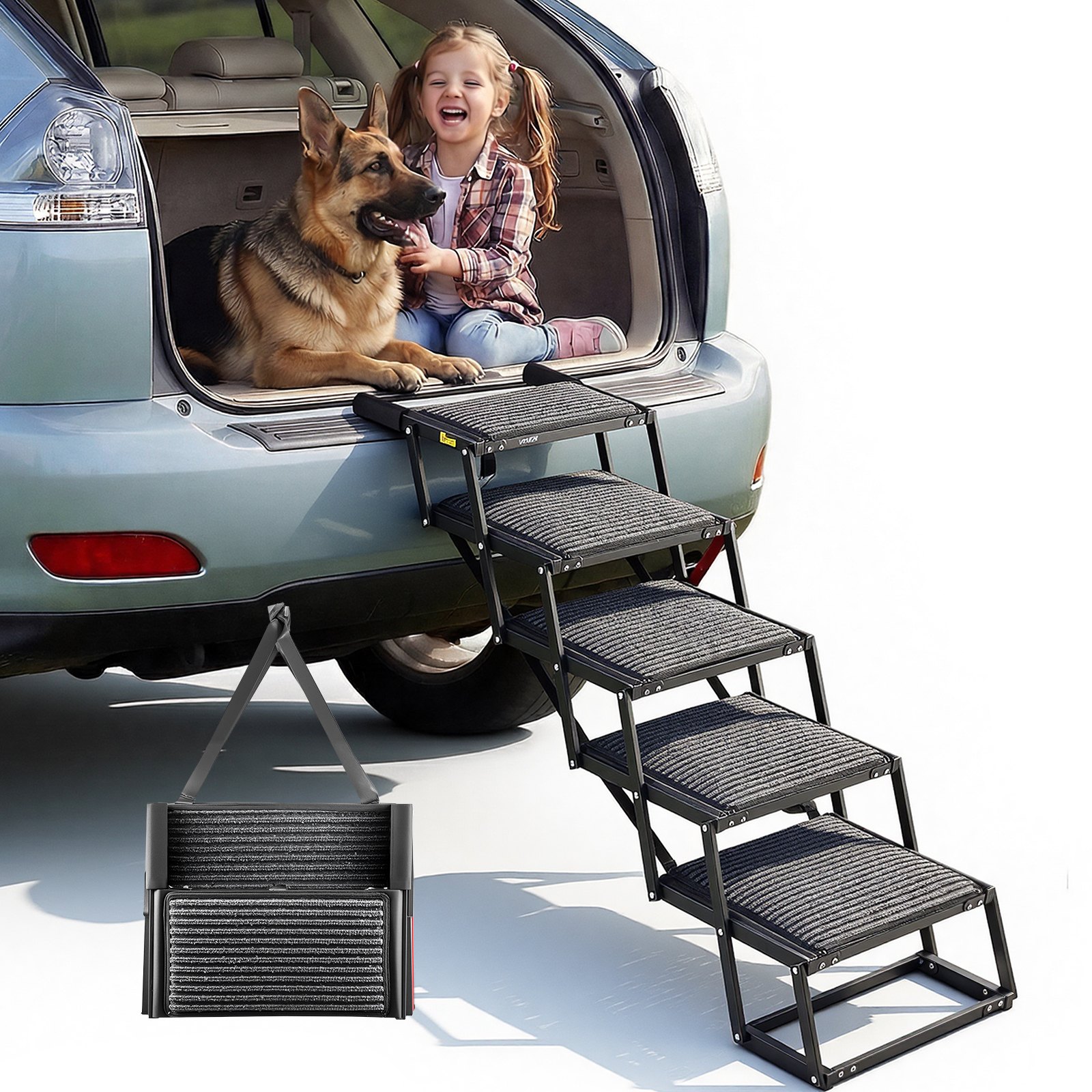 VEVOR Dog Stairs for Car, 5 Steps Extra Wide Foldable Dog Ramp for Large Dogs with Non-Slip Rug Surface, Portable Lightweight Pet Ladder for Car, SUV, Truck, High Beds, Sofas, Support up to 91 kg