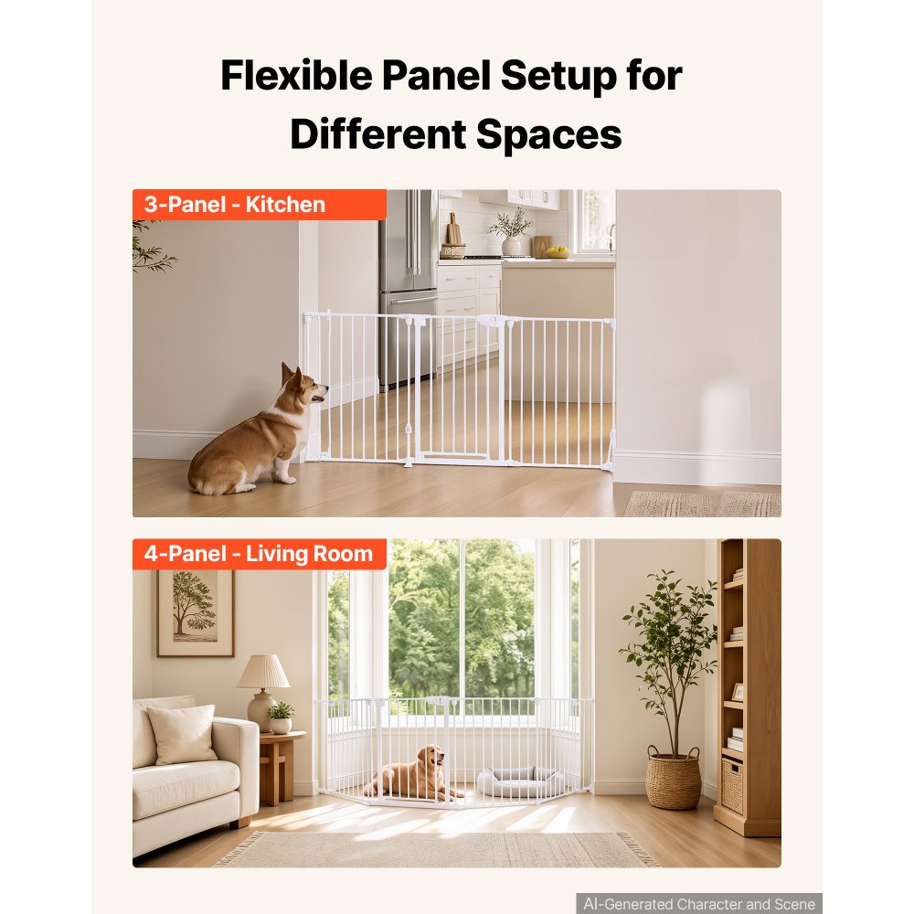 VEVOR Freestanding Dog Gate 813 mm Tall 4-Panel Foldable Metal Gate White, For Stairs Doorways, Dual-Triangle Support, Sturdy Metal Construction, Freestanding or Wall Mount, Flexible Shapes, Easy Fit