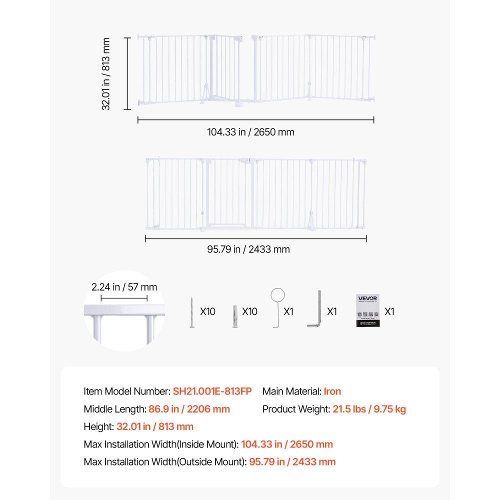 VEVOR Freestanding Dog Gate 813 mm Tall 4-Panel Foldable Metal Gate White, For Stairs Doorways, Dual-Triangle Support, Sturdy Metal Construction, Freestanding or Wall Mount, Flexible Shapes, Easy Fit