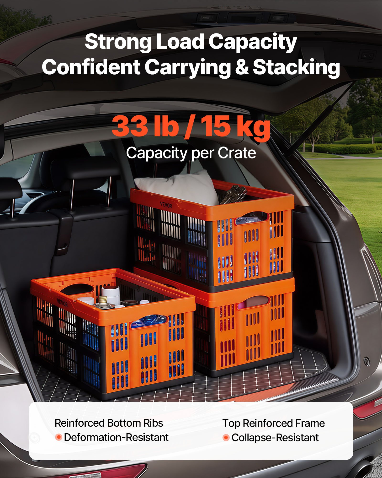 VEVOR Składana skrzynia do przechowywania 45 l, 6 szt., składane plastikowe skrzynie do przechowywania, składane kosze z uchwytami, nośność 15 kg na skrzynię, składana skrzynia, idealna do organizacji gospodarstwa domowego, pomarańczowo-czarna