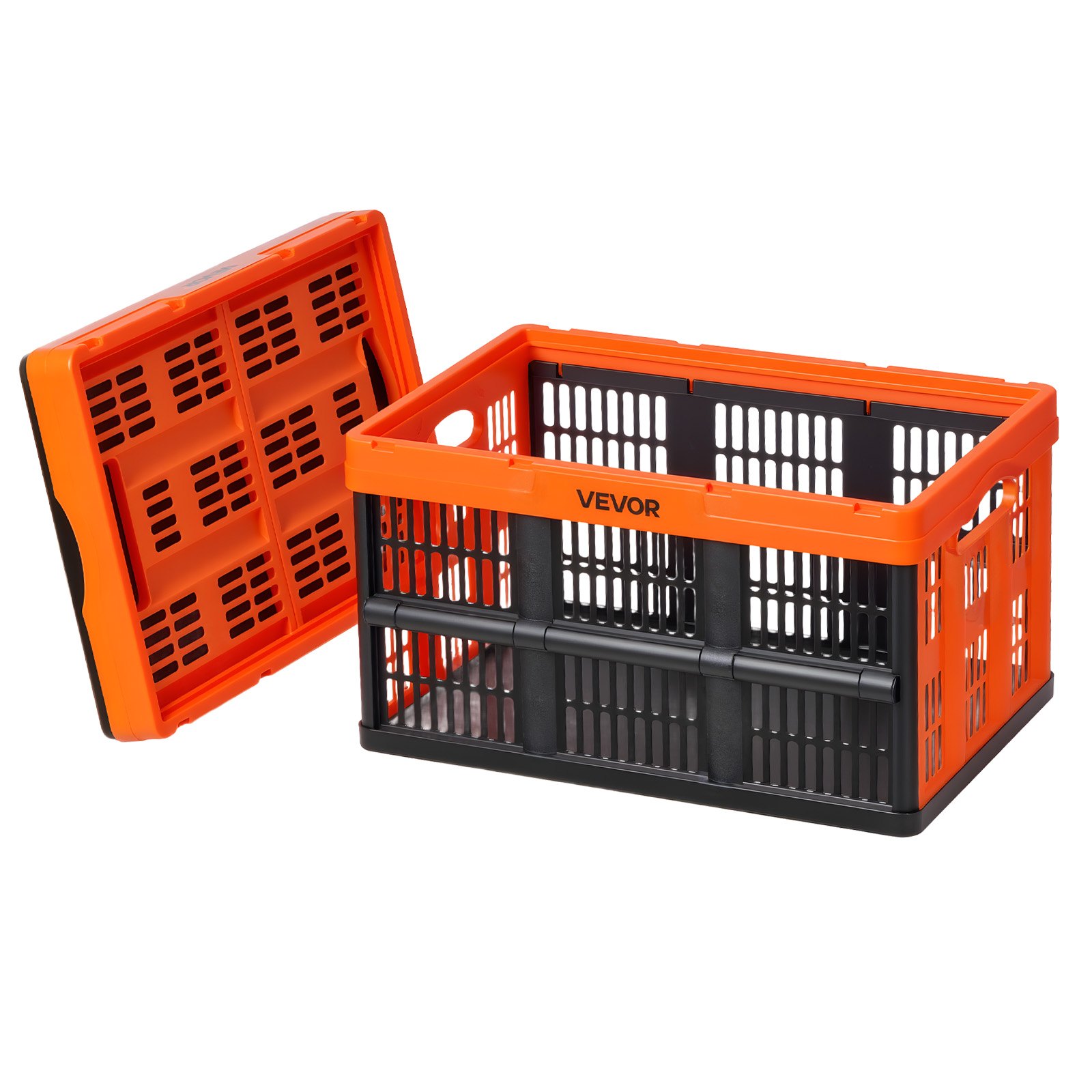 VEVOR Składana skrzynia do przechowywania 45 l, 6 szt., składane plastikowe skrzynie do przechowywania, składane kosze z uchwytami, nośność 15 kg na skrzynię, składana skrzynia, idealna do organizacji gospodarstwa domowego, pomarańczowo-czarna