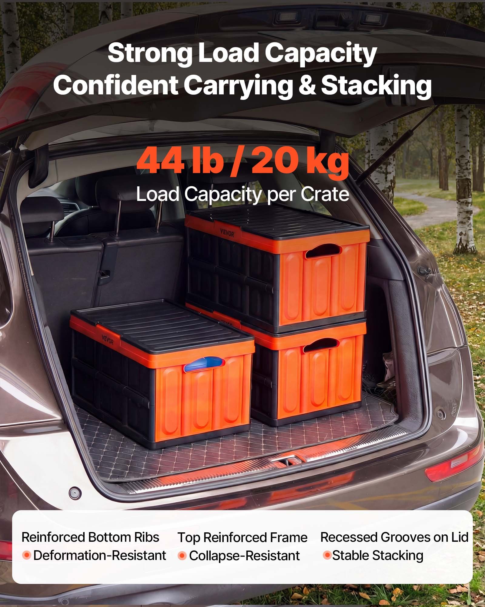 VEVOR Składane pudełko do przechowywania 45 l, 3 sztuki, składane plastikowe pudełka do przechowywania, składane kosze z pokrywkami, ładowność 20 kg na pudełko, składana skrzynia, idealne do organizacji gospodarstwa domowego, kolor pomarańczowy i czarny