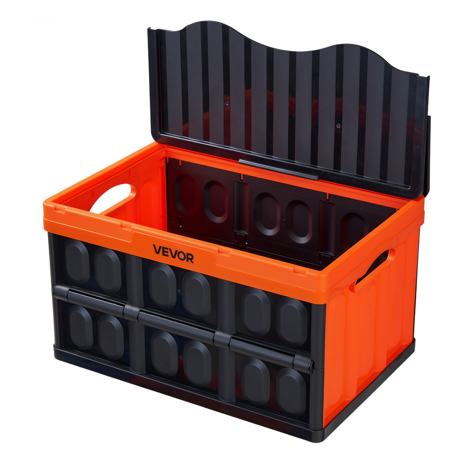VEVOR Składane pudełko do przechowywania 45 l, 3 sztuki, składane plastikowe pudełka do przechowywania, składane kosze z pokrywkami, ładowność 20 kg na pudełko, składana skrzynia, idealne do organizacji gospodarstwa domowego, kolor pomarańczowy i czarny
