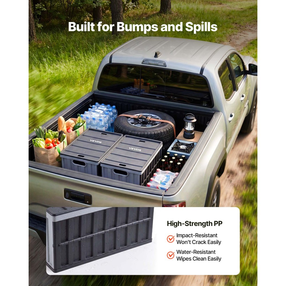 VEVOR Składane pudełko do przechowywania 65 l, 2 sztuki, składane plastikowe pudełka do przechowywania, składane kosze z pokrywkami, ładowność 38 kg na pudełko, składana skrzynia, idealne do organizacji gospodarstwa domowego, szare i czarne