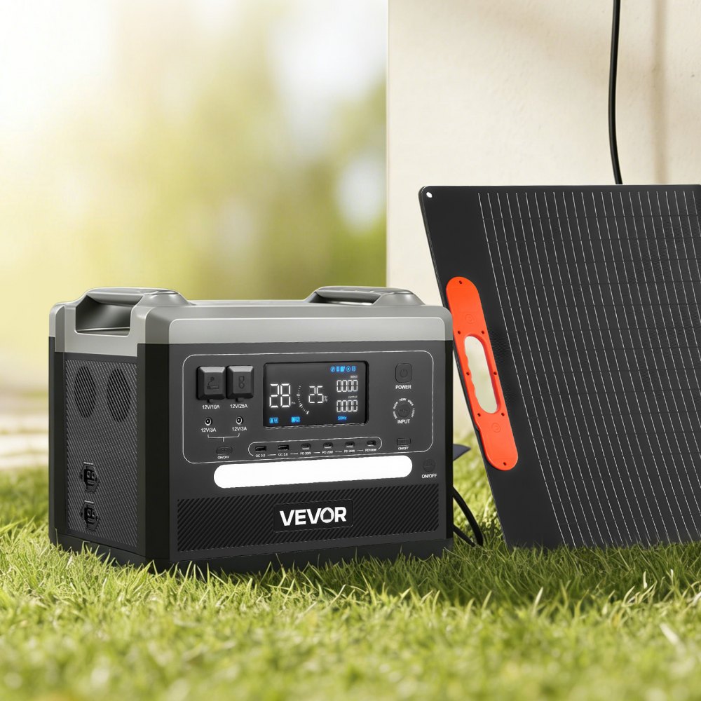 Przenośna elektrownia VEVOR, generator słoneczny o mocy 2400 W ze składanym panelem słonecznym o mocy 200 W, rozszerzalnym akumulatorem LiFePO4 o pojemności 2160 Wh, 10 wyjściami i regulowaną mocą wejściową do domu, na kemping i do kampera