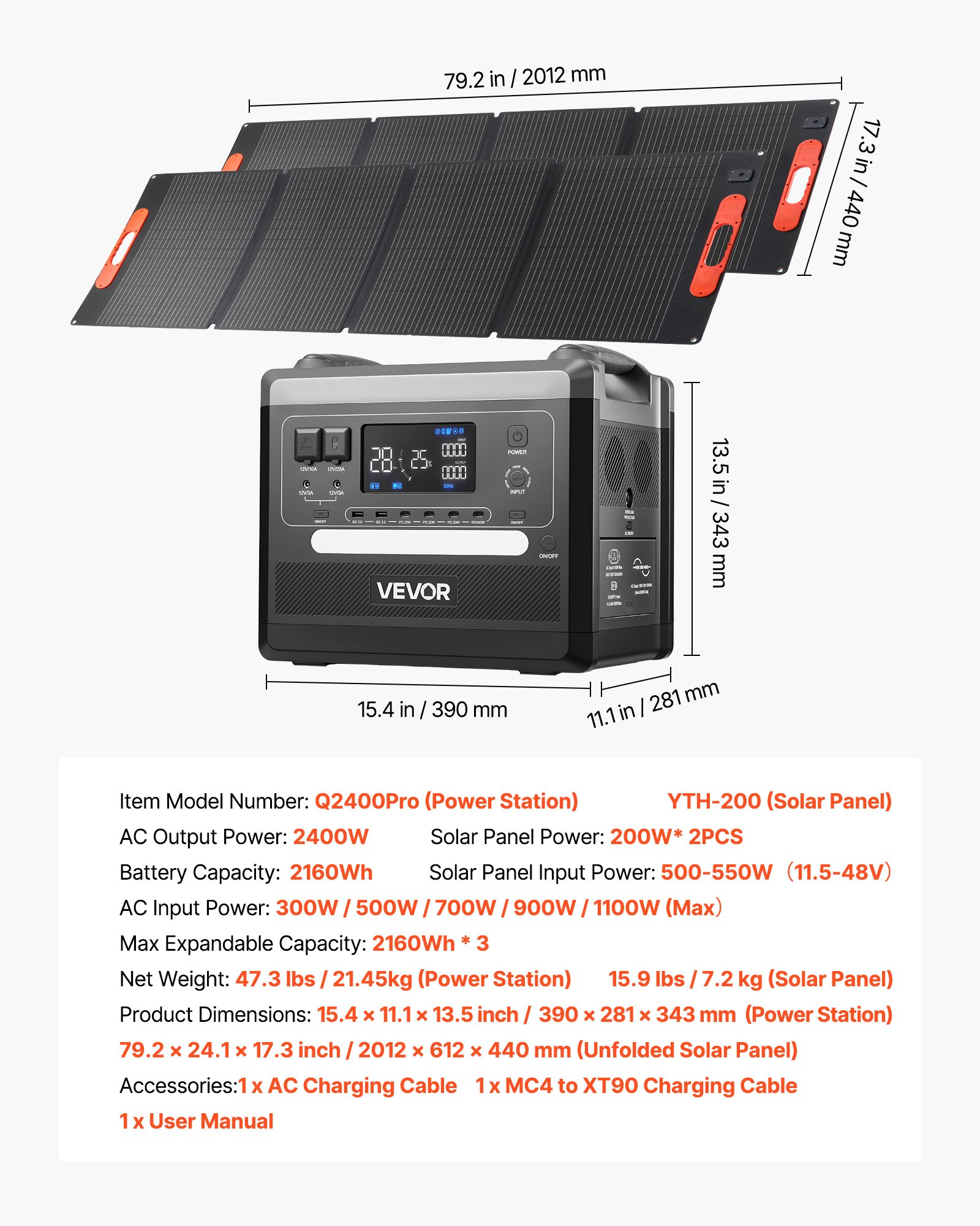 Przenośna elektrownia VEVOR, generator słoneczny o mocy 2400 W z 2 składanymi panelami słonecznymi o mocy 200 W, rozszerzalnym akumulatorem LiFePO4 o pojemności 2160 Wh i 10 wyjściami do awaryjnego zasilania w domu, na kempingu i w kamperach