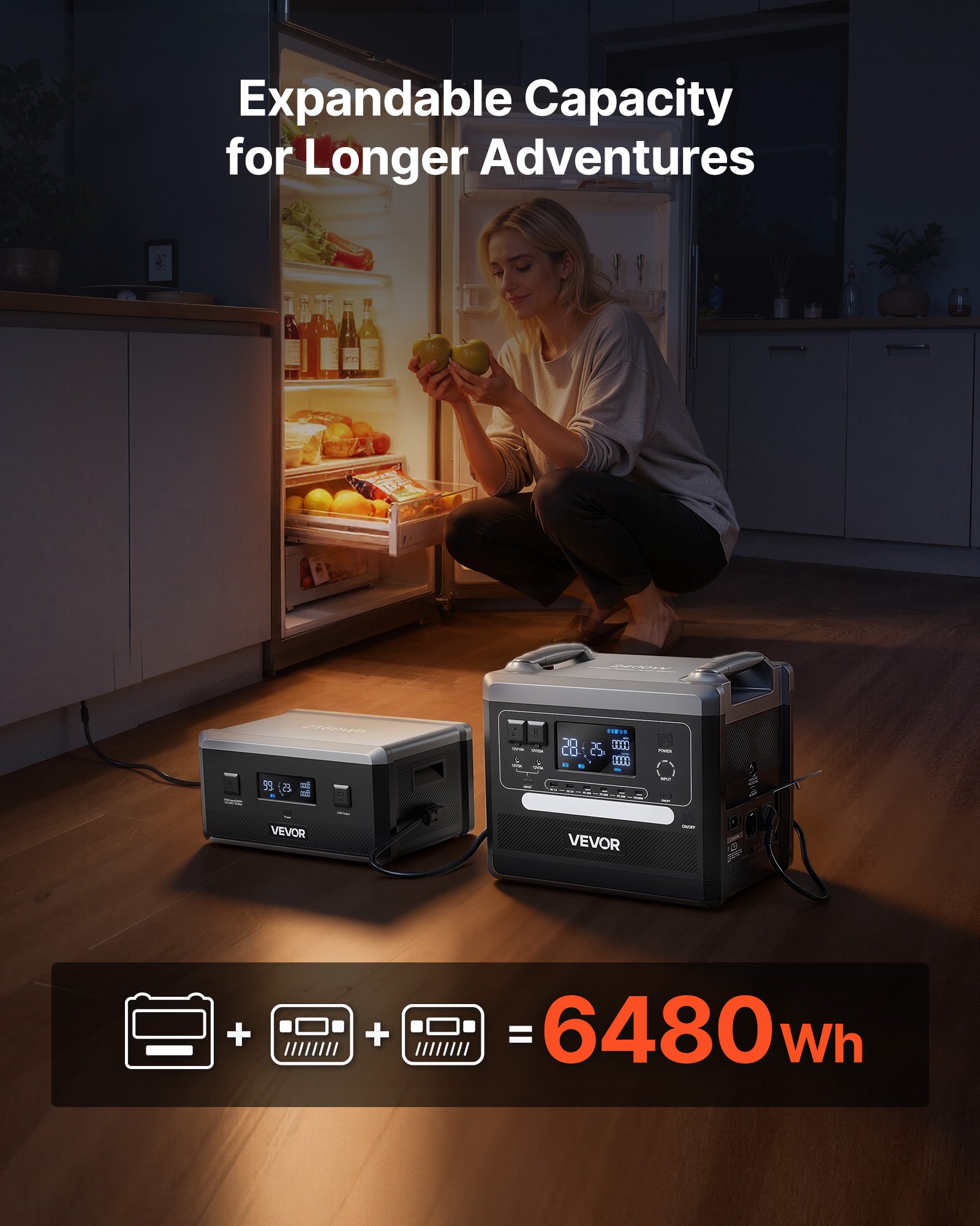 VEVOR Przenośna elektrownia, generator słoneczny o mocy 2400 W i pojemności 2160 Wh z 10 wyjściami i regulowaną mocą wejściową, rozszerzalny akumulator LiFePO4 do użytku w domu, na kempingu i w kamperze (panel słoneczny NIE jest dołączony)