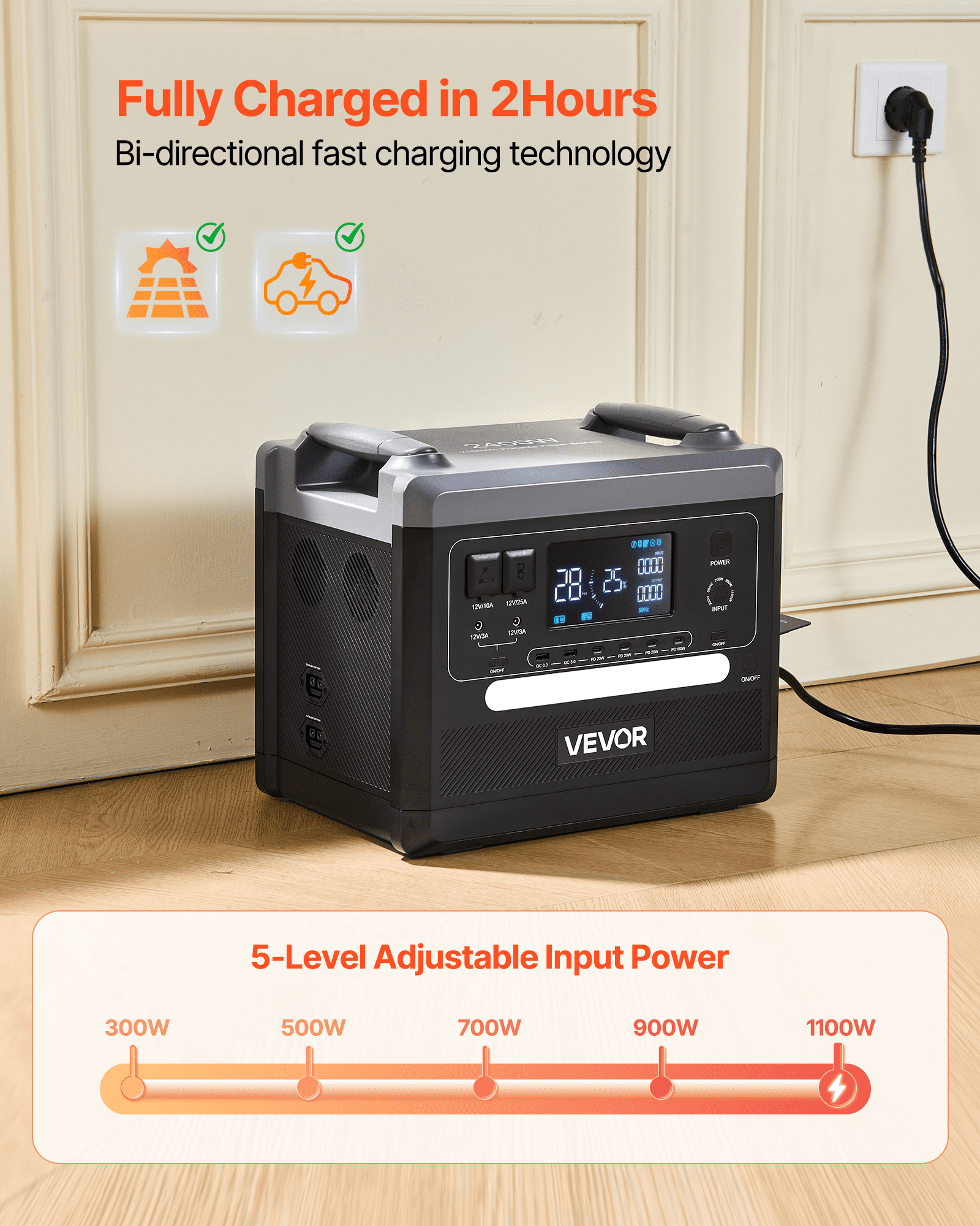 VEVOR Przenośna elektrownia, generator słoneczny o mocy 2400 W i pojemności 2160 Wh z 10 wyjściami i regulowaną mocą wejściową, rozszerzalny akumulator LiFePO4 do użytku w domu, na kempingu i w kamperze (panel słoneczny NIE jest dołączony)