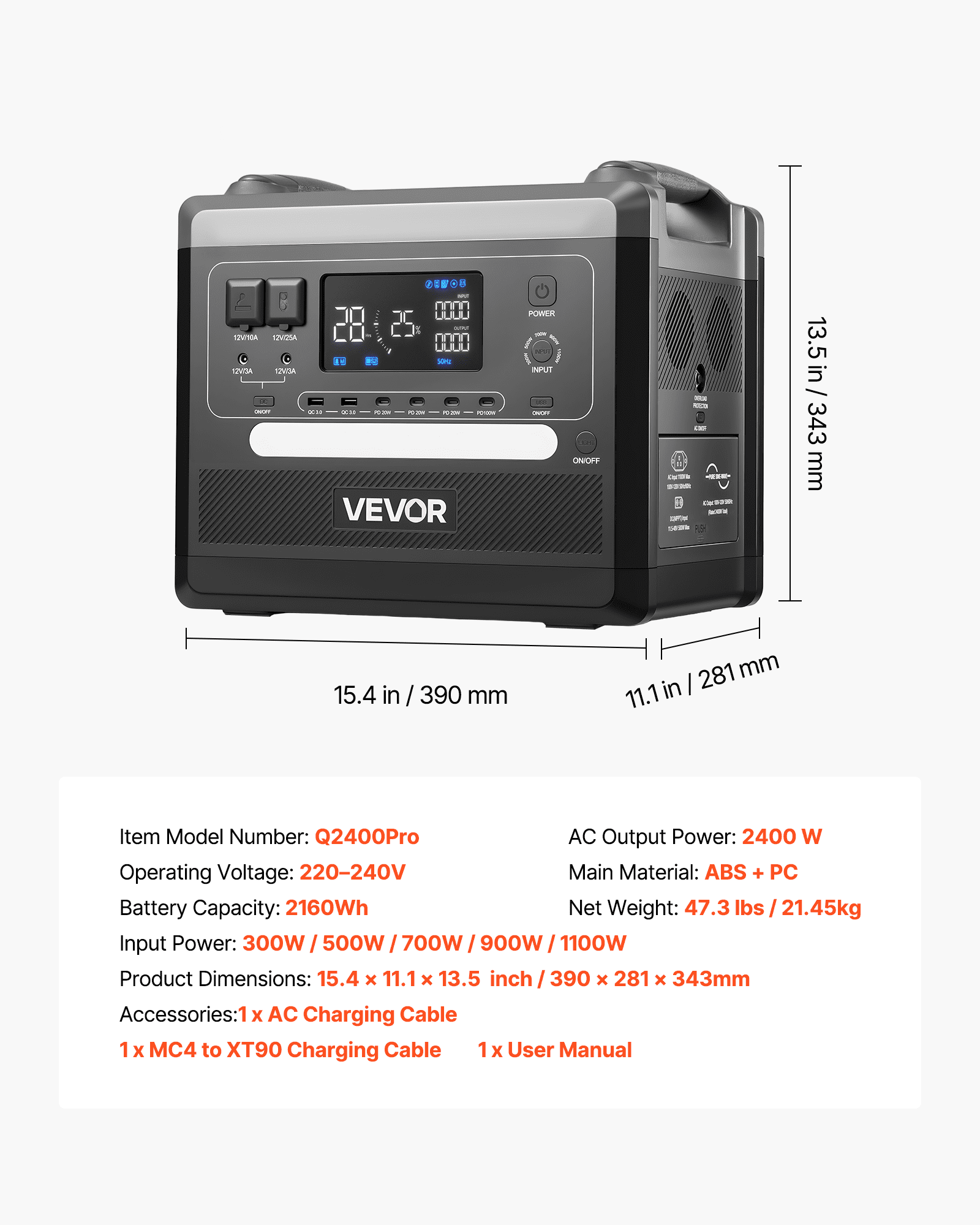 VEVOR Przenośna elektrownia, generator słoneczny o mocy 2400 W i pojemności 2160 Wh z 10 wyjściami i regulowaną mocą wejściową, rozszerzalny akumulator LiFePO4 do użytku w domu, na kempingu i w kamperze (panel słoneczny NIE jest dołączony)