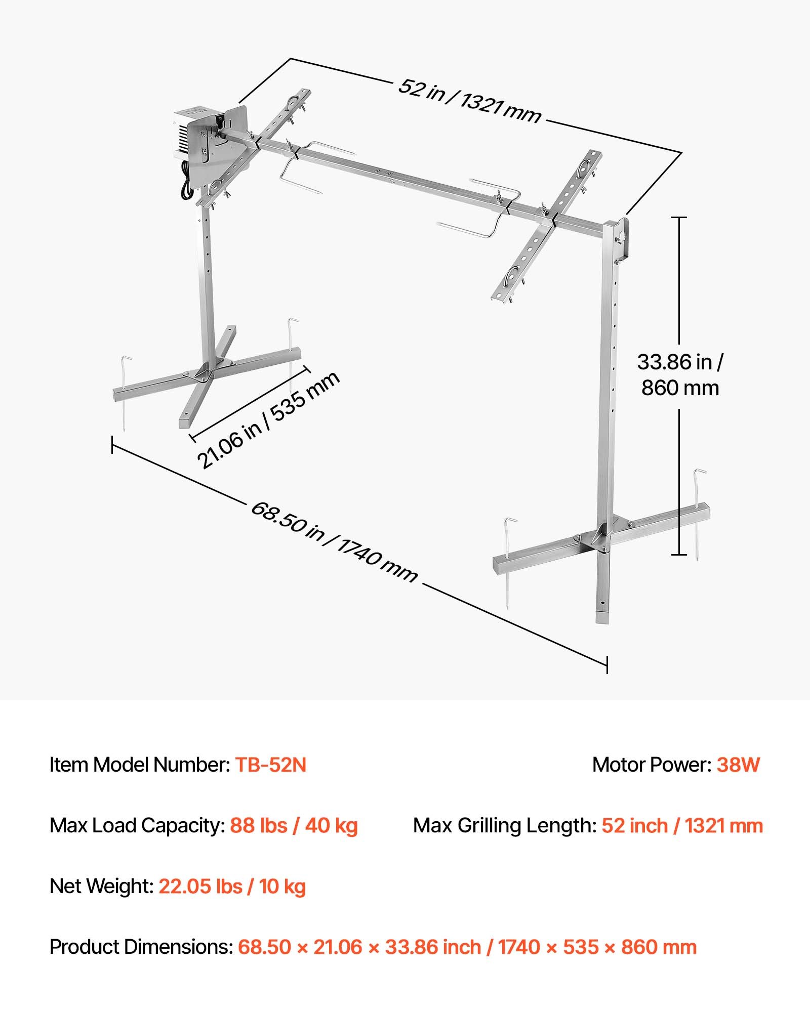 Grill do prosiąt VEVOR, grill do jagnięciny, grill do pieczenia na rożnie, grill rożen 1321 mm, prąd zmienny 220–240 V, 8-stopniowy elektryczny zestaw do grillowania rożna o udźwigu 40 kg, silnik 38 W, zestaw grillowy na imprezy