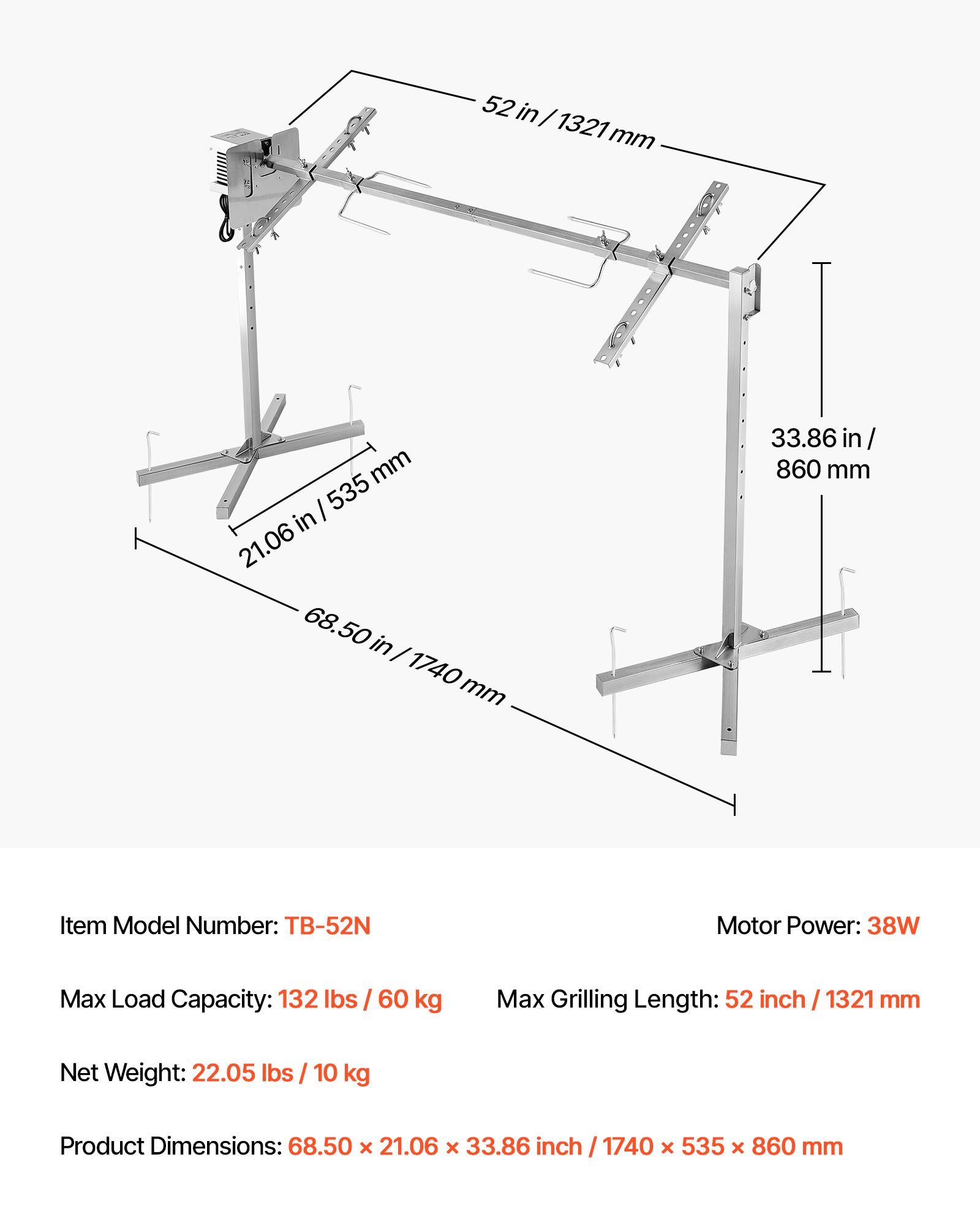 Grill do prosiąt VEVOR, grill do jagnięciny, grill do pieczenia na rożnie, grill rożen 1321 mm, prąd zmienny 220–240 V, 8-stopniowy elektryczny zestaw do grillowania rożna o udźwigu 60 kg, silnik 38 W, zestaw grillowy na imprezy