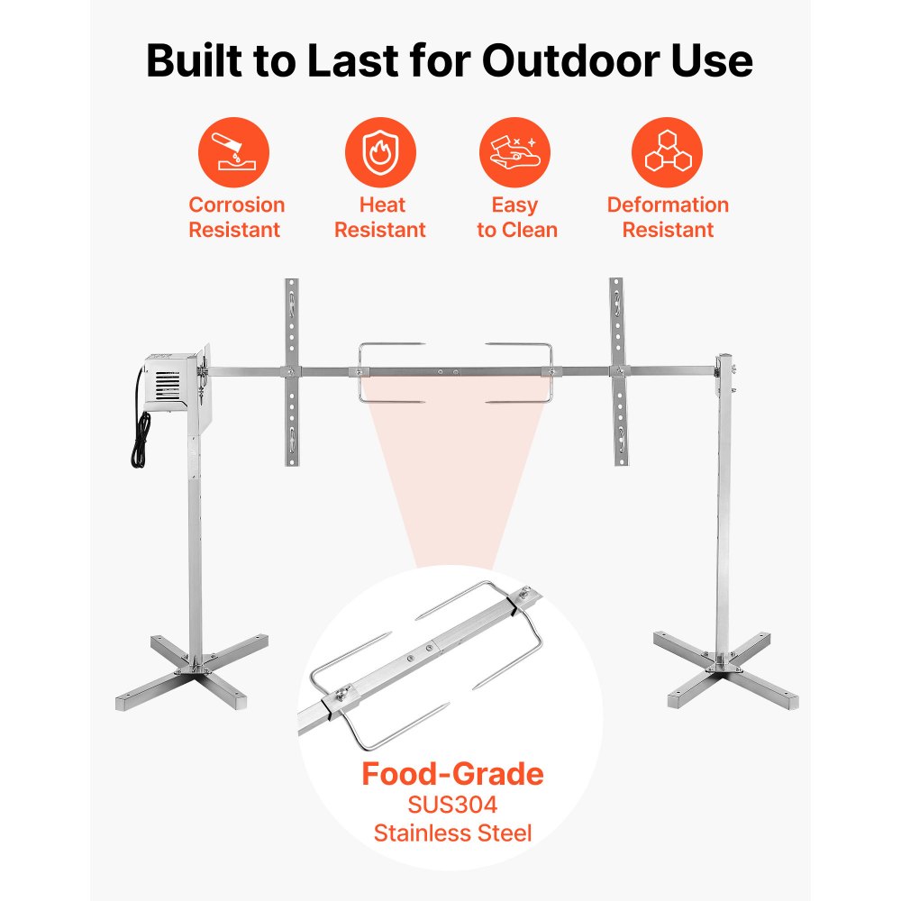 Grill do prosiąt VEVOR, grill do jagnięciny, grill do pieczenia na rożnie, grill rożen 1422,4 mm, prąd zmienny 220–240 V, 8-stopniowy elektryczny zestaw do grillowania rożna o udźwigu 60 kg, silnik 38 W, zestaw grillowy na imprezy