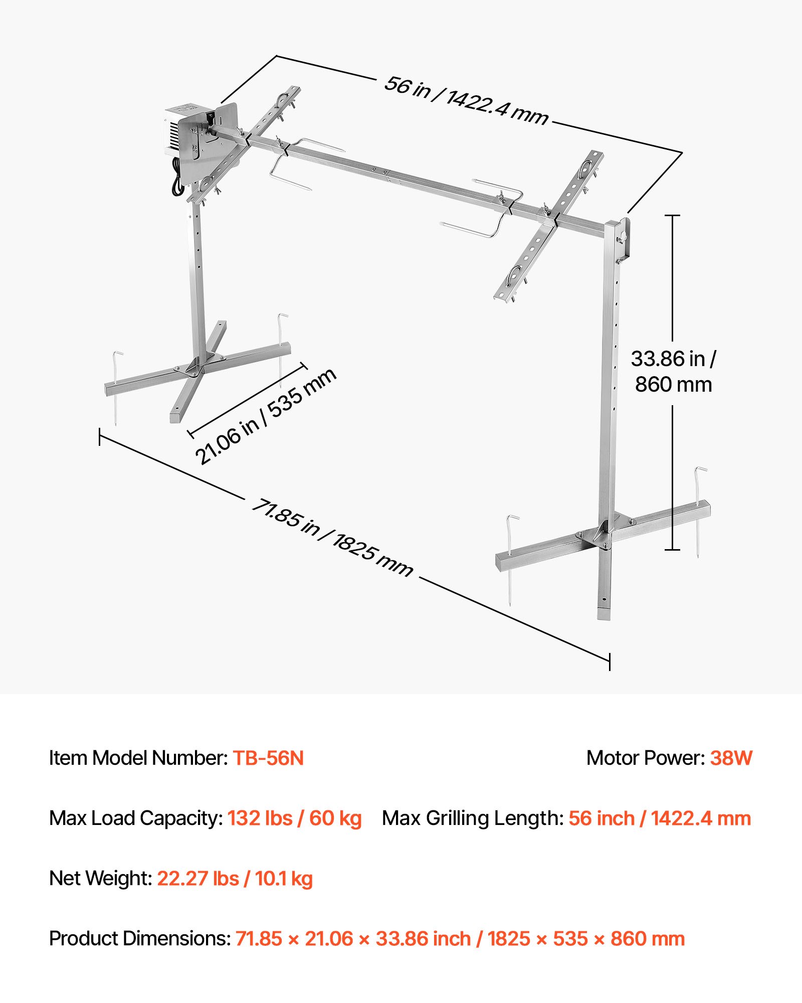 Grill do prosiąt VEVOR, grill do jagnięciny, grill do pieczenia na rożnie, grill rożen 1422,4 mm, prąd zmienny 220–240 V, 8-stopniowy elektryczny zestaw do grillowania rożna o udźwigu 60 kg, silnik 38 W, zestaw grillowy na imprezy