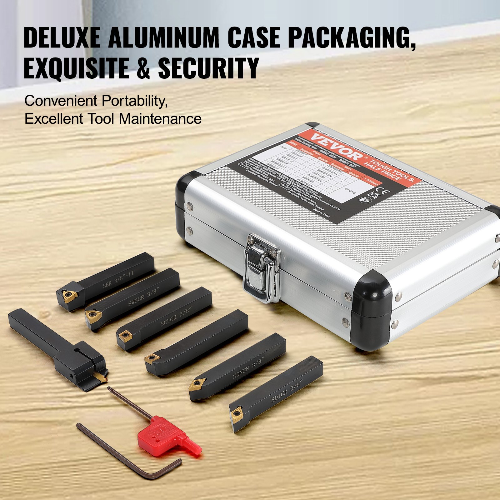 VEVOR 7 szt. uchwytów na płytki wymienne 3/8" Narzędzia skrawające CNC do toczenia metalu o dużej wytrzymałości z płytkami z węglika spiekanego powlekanymi cyną, obudowa aluminiowa do toczenia, rowkowania i gwintowania