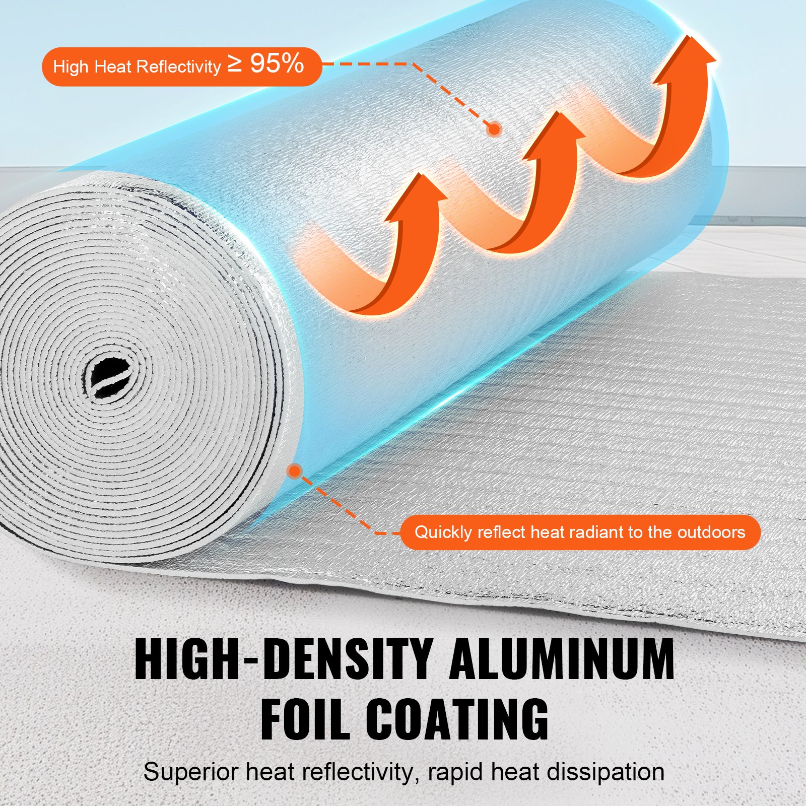 VEVOR Double Reflective Insulation Roll, Radiation Barrier with Foam Core, 3.2 mm, 48 in x 50 ft, Double-Sided Heat-Reflecting Shield Made of Aluminum Foil and EPE Foam, Thermal Insulation Roll for Windows and RV Roofs