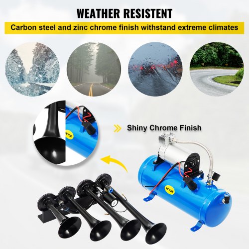 VEVOR 12V 150dB Klakson na sprężone powietrze Klakson do ciężarówki 4 Trąbki Klakson statku Sprężarka powietrza Nadaje się do pojazdów Ciężarówka Pociąg Samochód dostawczy Łódź Motocykl itp. (Czarny) Klakson na sprężone powietrze Klakson do ciężarówki