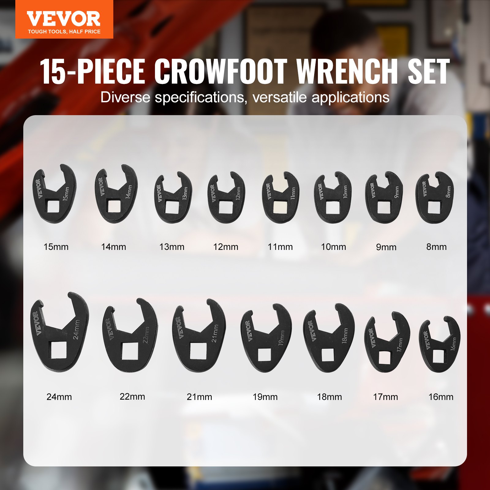 Zestaw kluczy typu Crowfoot VEVOR Klucz typu Crowfoot 15 sztuk 3/8 cala i 1/2 cala momentu obrotowego, klucz typu Crowfoot z zestawem kluczy w obudowie, klucz płaski, klucz nasadowy, klucz typu Crowfoot