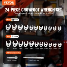 Zestaw kluczy typu Crowfoot 3/8" VEVOR z 2 przedłużkami, 24-częściowy zestaw kluczy Crowfoot, SAE 3/8" - 1" i metryczne 10-22 mm, Zestaw kluczy Crowfoot ze stali CR-MO