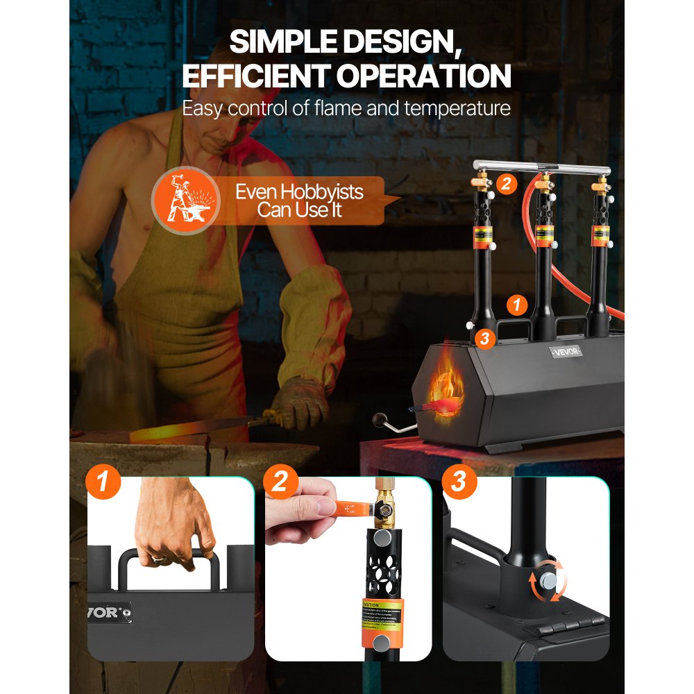 Przenośna kuźnia propanowa VEVOR, piec kowalsko-kowalski z 3 palnikami, 1427°C, do wyrobu noży, kowalstwa, piec sześciokątny o dużej pojemności, narzędzia i wyposażenie do kucia stali walcowanej na zimno