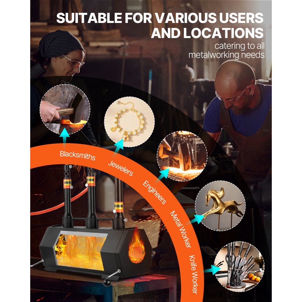 Przenośna kuźnia propanowa VEVOR, piec kowalsko-kowalski z 3 palnikami, 1427°C, do wyrobu noży, kowalstwa, piec sześciokątny o dużej pojemności, narzędzia i wyposażenie do kucia stali walcowanej na zimno