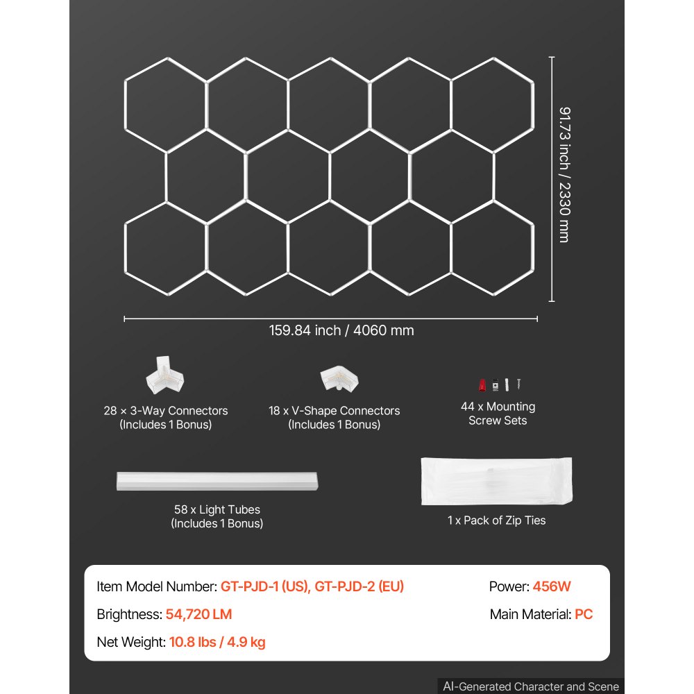 VEVOR Lampa garażowa LED Hexagon 456 W 54 720 lm 6500 K Montaż sufitowy Idealna do siłowni, salonów fryzjerskich, showroomów i sklepów, Elastyczna konstrukcja z zatrzaskowym połączeniem, Wytrzymały materiał PC