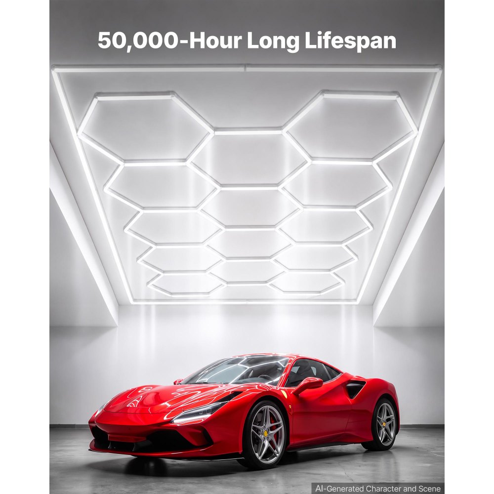 VEVOR Lampa garażowa LED Hexagon 672 W 80 640 lm 6500 K Montaż sufitowy Idealna do siłowni, salonów fryzjerskich, wystawowych i sklepów, Elastyczna konstrukcja z zatrzaskowym połączeniem, Prostokątna rama