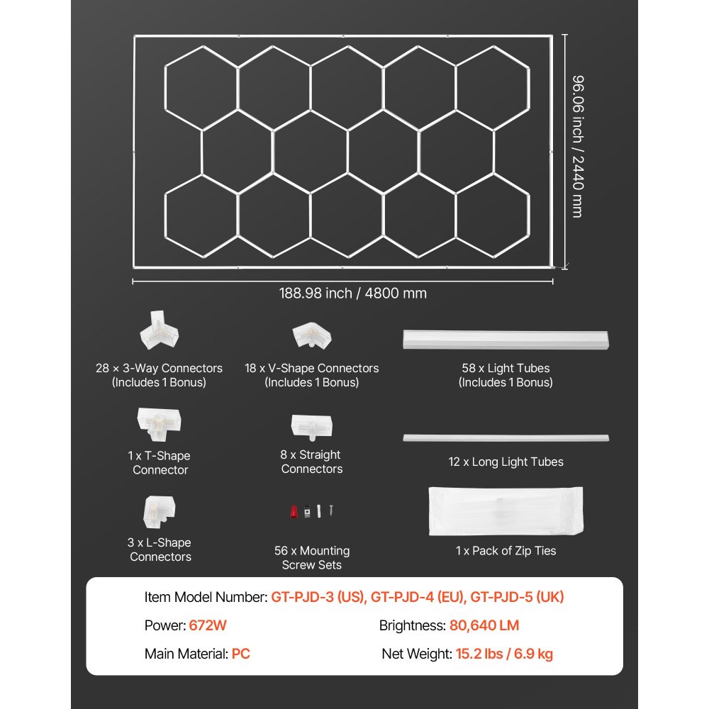 VEVOR Lampa garażowa LED Hexagon 672 W 80 640 lm 6500 K Montaż sufitowy Idealna do siłowni, salonów fryzjerskich, wystawowych i sklepów, Elastyczna konstrukcja z zatrzaskowym połączeniem, Prostokątna rama