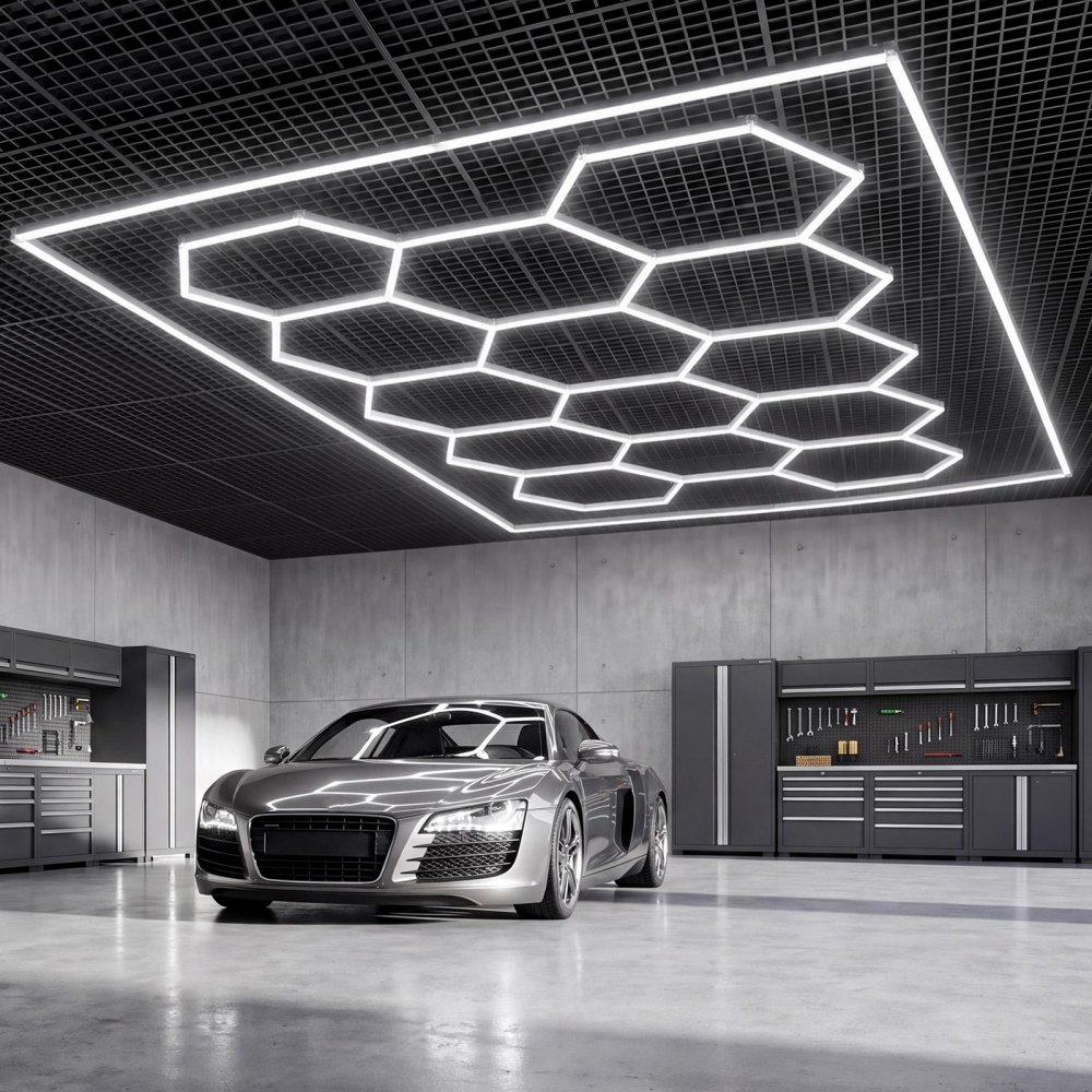 VEVOR Lampa garażowa LED Hexagon 672 W 80 640 lm 6500 K Montaż sufitowy Idealna do siłowni, salonów fryzjerskich, wystawowych i sklepów, Elastyczna konstrukcja z zatrzaskowym połączeniem, Prostokątna rama