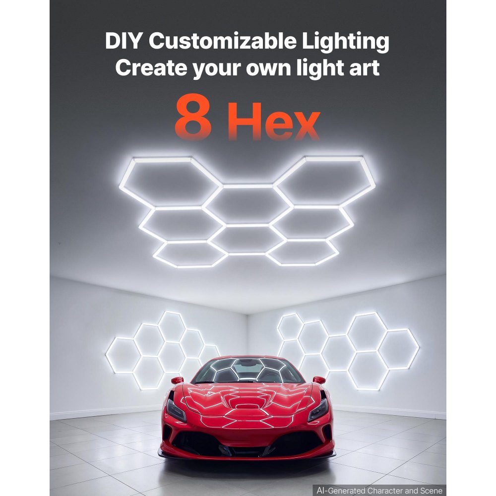 VEVOR Hexagon Garage Lights 248W 29760LM 6500K 8 Grid Systems LED Light, Bright Honeycomb Hex Car Detailing Lighting, Easy Install, Durable PC Material, for Garage, Warehouse, Workshop, Shop, Gym